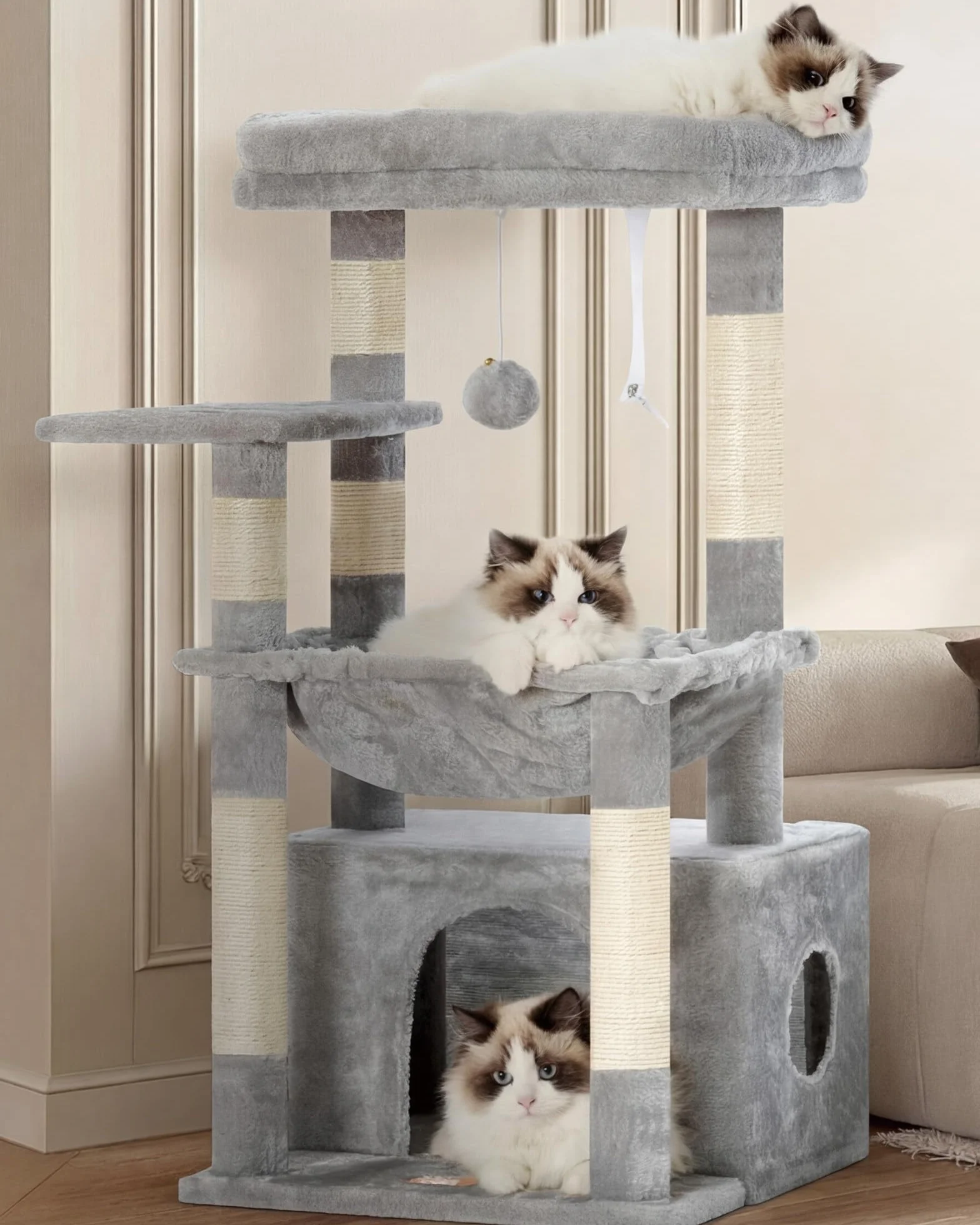 Heybly Árbol para Rascarse de Gatos, Árbol con Cesto Extra Grande y Suave, Cama Espaciosa y Lugar de Dormir Escondido, Gris Claro HCT008SW