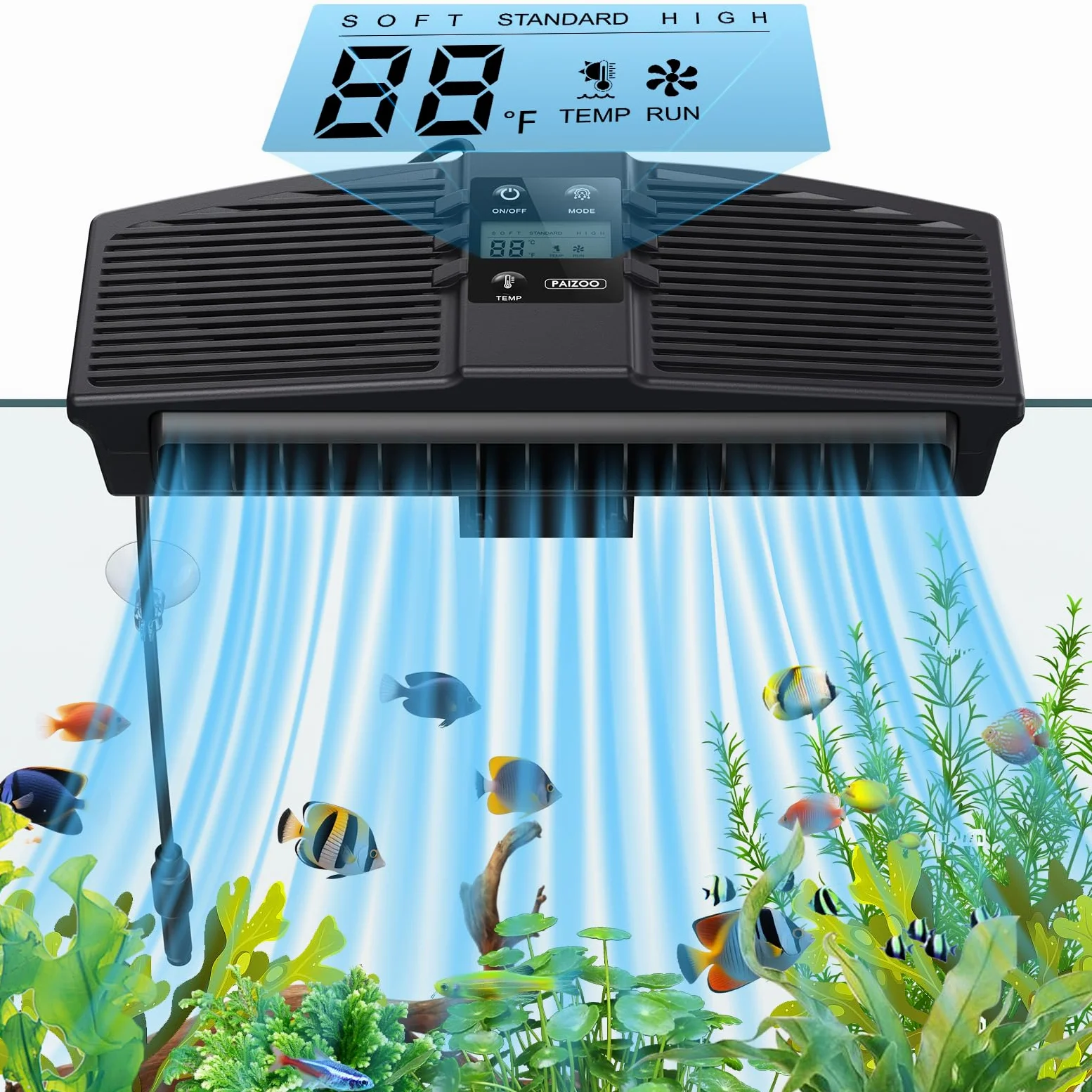 PAIZOO Ventilador Enfriador de Acuario, Ventilador de refrigeración para pecera con sonda de Temperatura y Pantalla LCD, Enfriador de Agua para Accesorios de Peces Axolotl Betta, 7 W