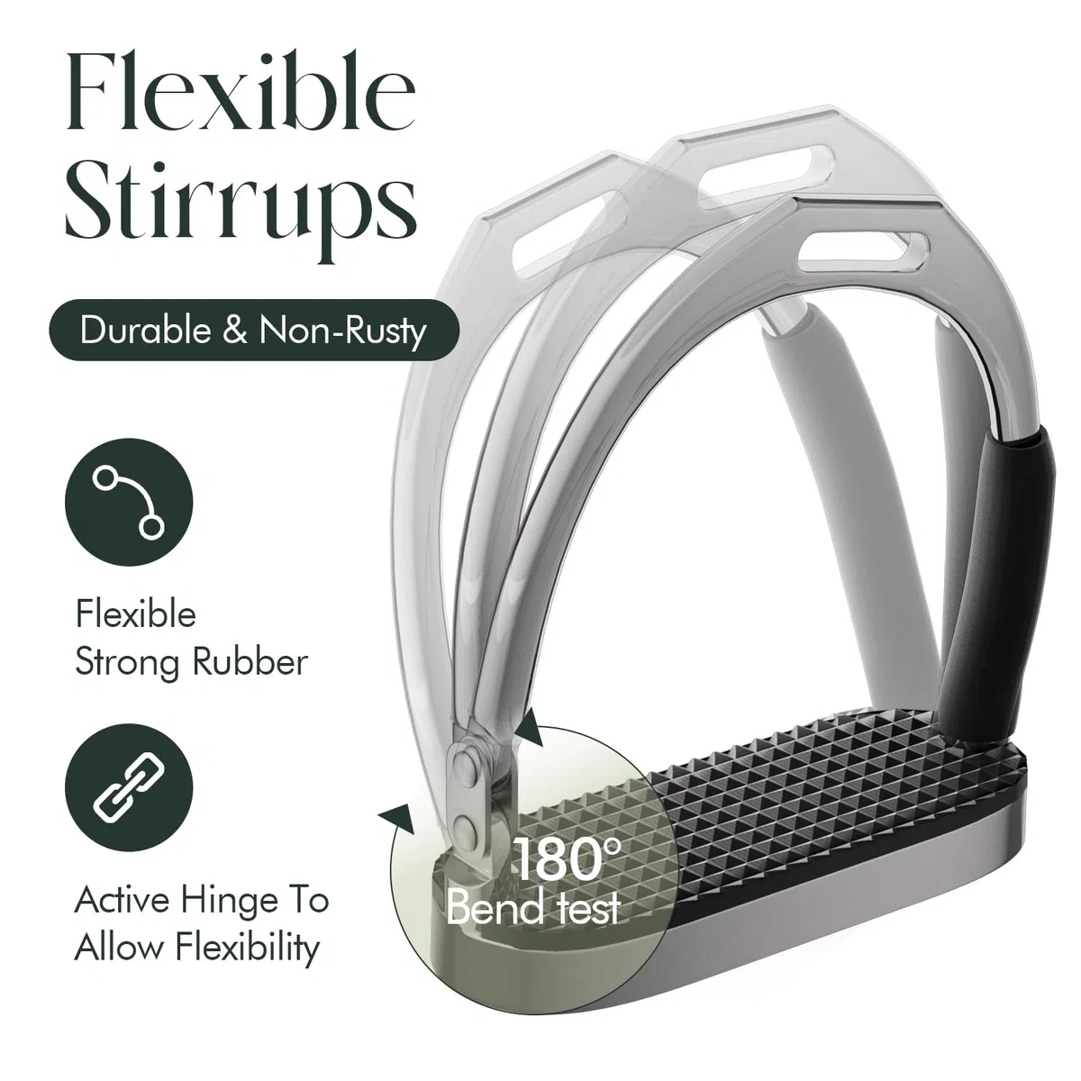 Flex - 1 par de estribos de acero inoxidable, estribos de seguridad ecuestre para adultos, estribos flexibles para montar a caballo con bisagras activas, alivio del dolor de rodilla y tobillo