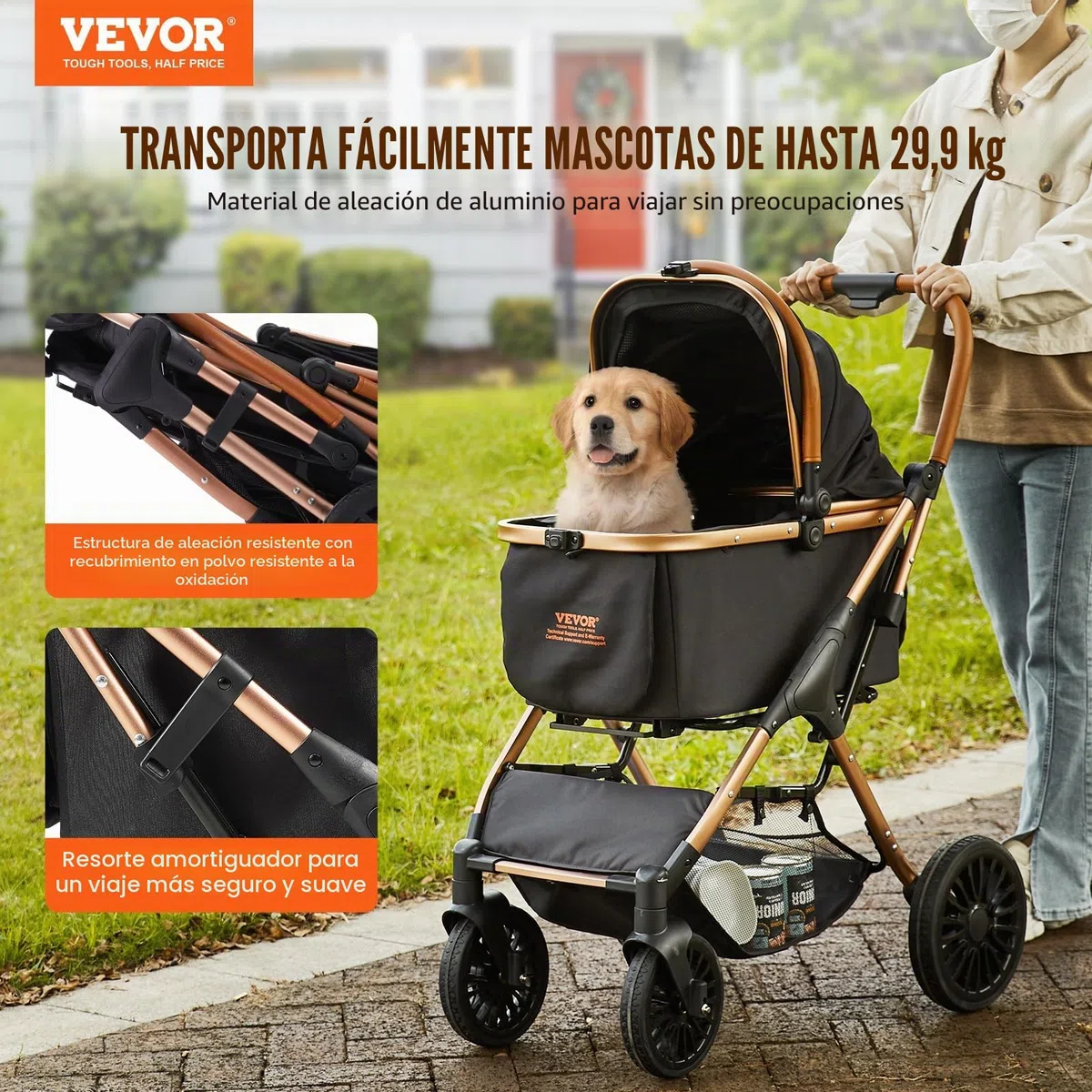 VEVOR Cochecito para Mascotas, 4 Ruedas giratorias con Frenos, Capacidad de Peso de 66 Libras, Cochecito para Cachorros con transportador Desmontable, Cesta de Almacenamiento y Almohadilla para