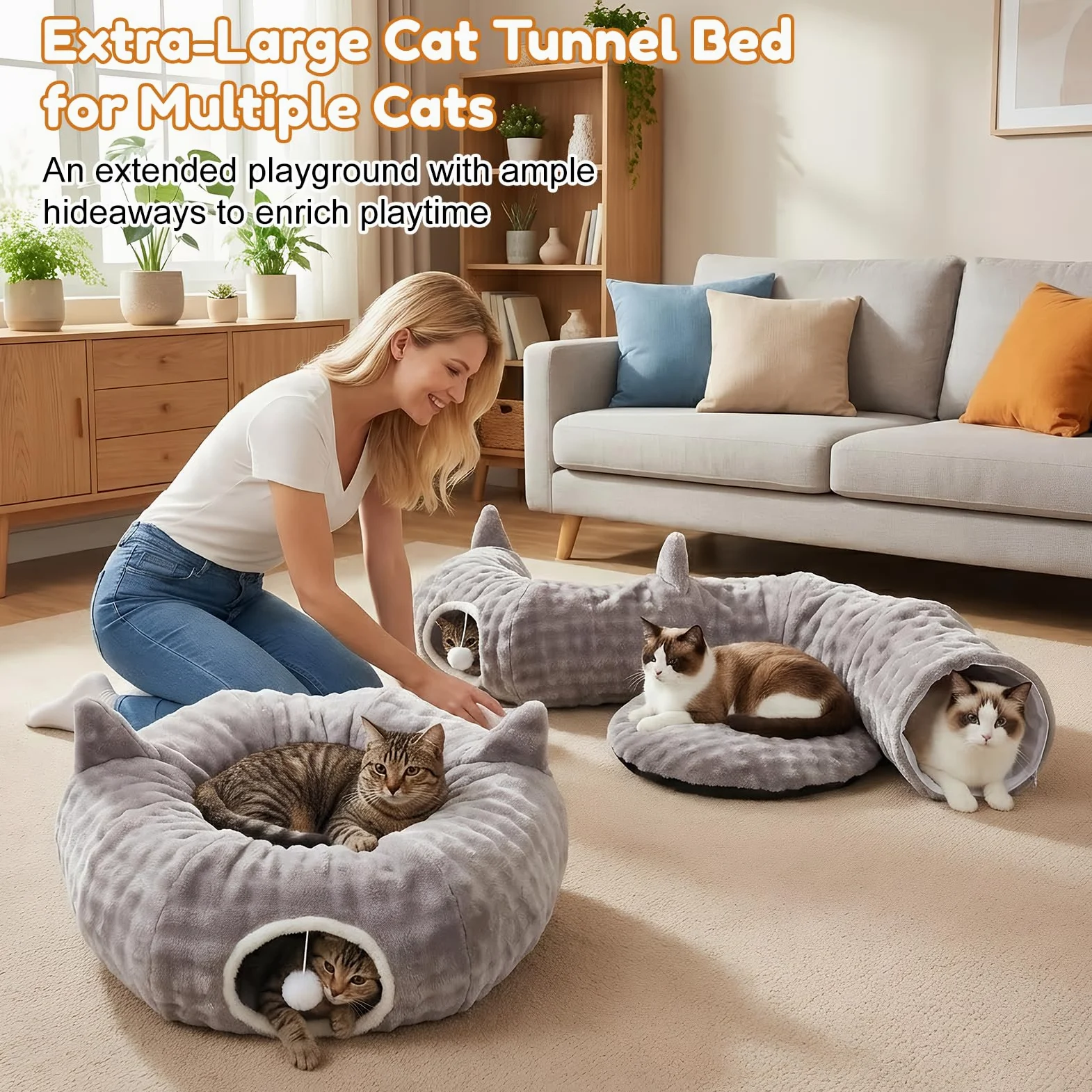 Tunel para Gatos, Túnel de Juego y Cama Gato 2 en 1 con Juguetes Colgantes, Cat Tunnel con 2 Entradas, Cojín Circular Lavable, Túnel para Gatos Plegable para Gatitos/Cachorros/Conejos