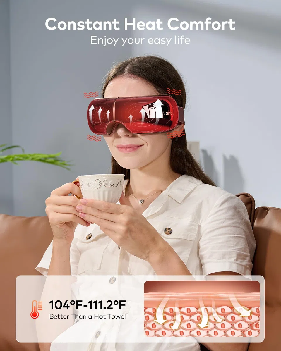 llano Masajeador de Ojos con Calor, Masaje Vibratorio, Bluetooth Integrado, 4 modos, Pantalla Translúcida, Diseño Ergonómico en 3D y Plegable (Glossy Brown)