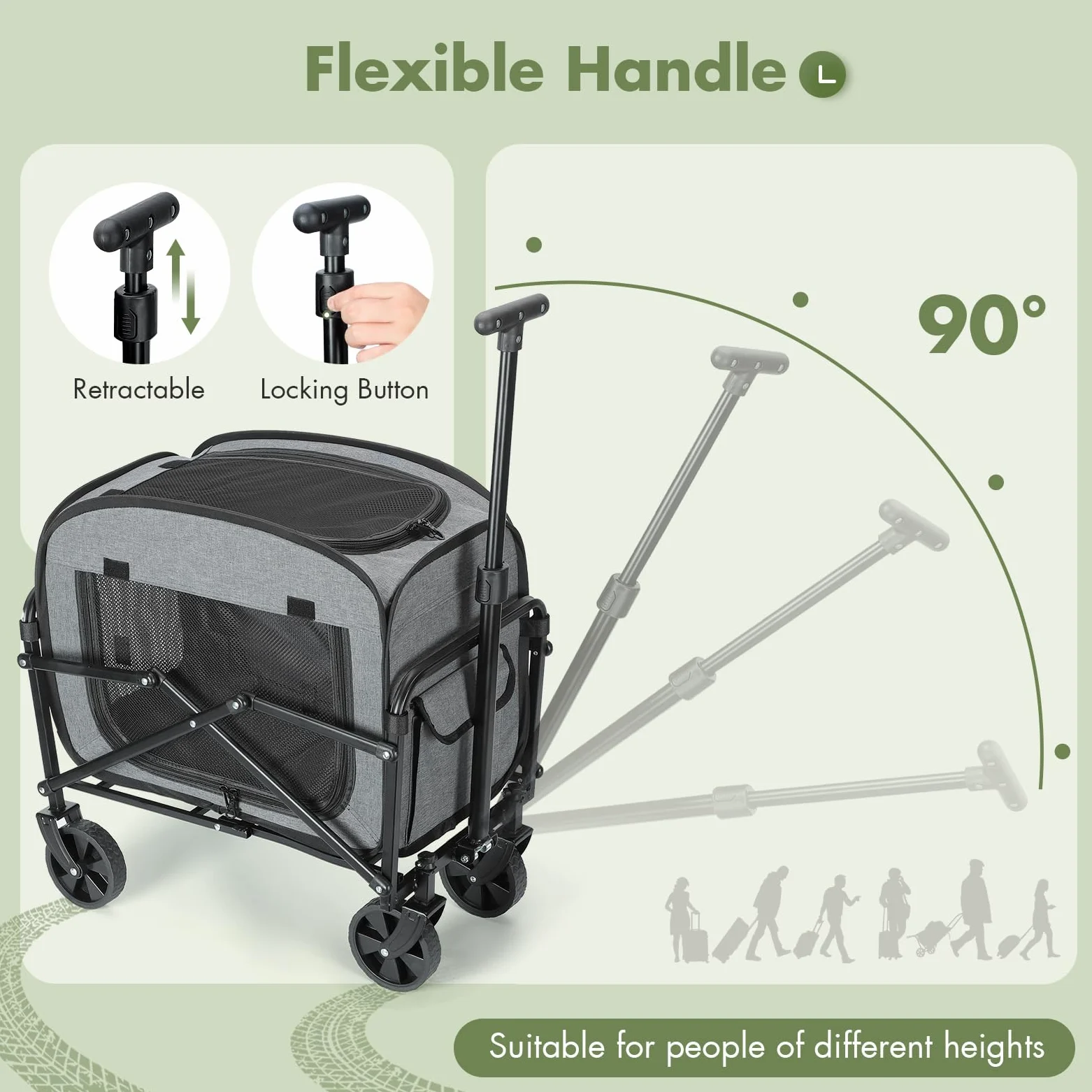 Transportador de perros con ruedas, carrito grande para perros y gatos, 18 kg, carro para mascotas con ruedas grandes todo terreno (gris)