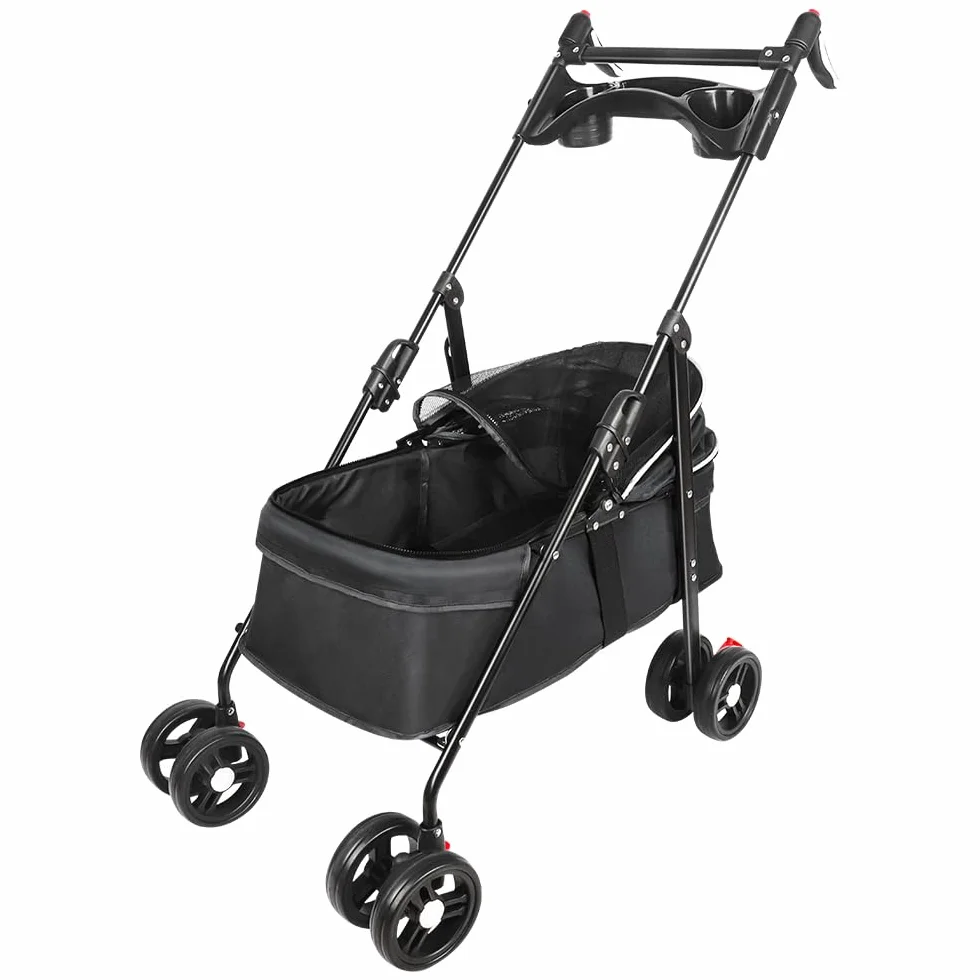 Cochecito de viaje para perros, 25 kg, con bolsa de almacenamiento y cubierta para la lluvia, cochecito Buggy para perros con portavasos, 50 x 70 x 95 cm, color negro
