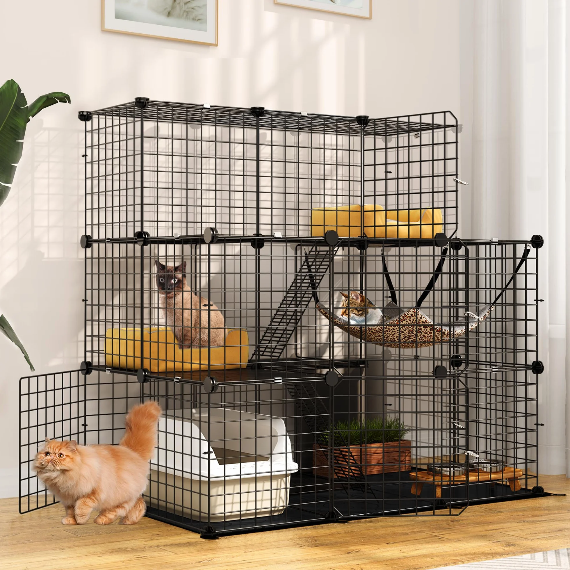 YITAHOME Jaula Grande para Gatos de Interior con balcón, perreras de Alambre de Metal Desmontables de 3 Niveles, Jaula para Gatos de Bricolaje para 1-3 Gatos, 106 x 71 x 106 cm
