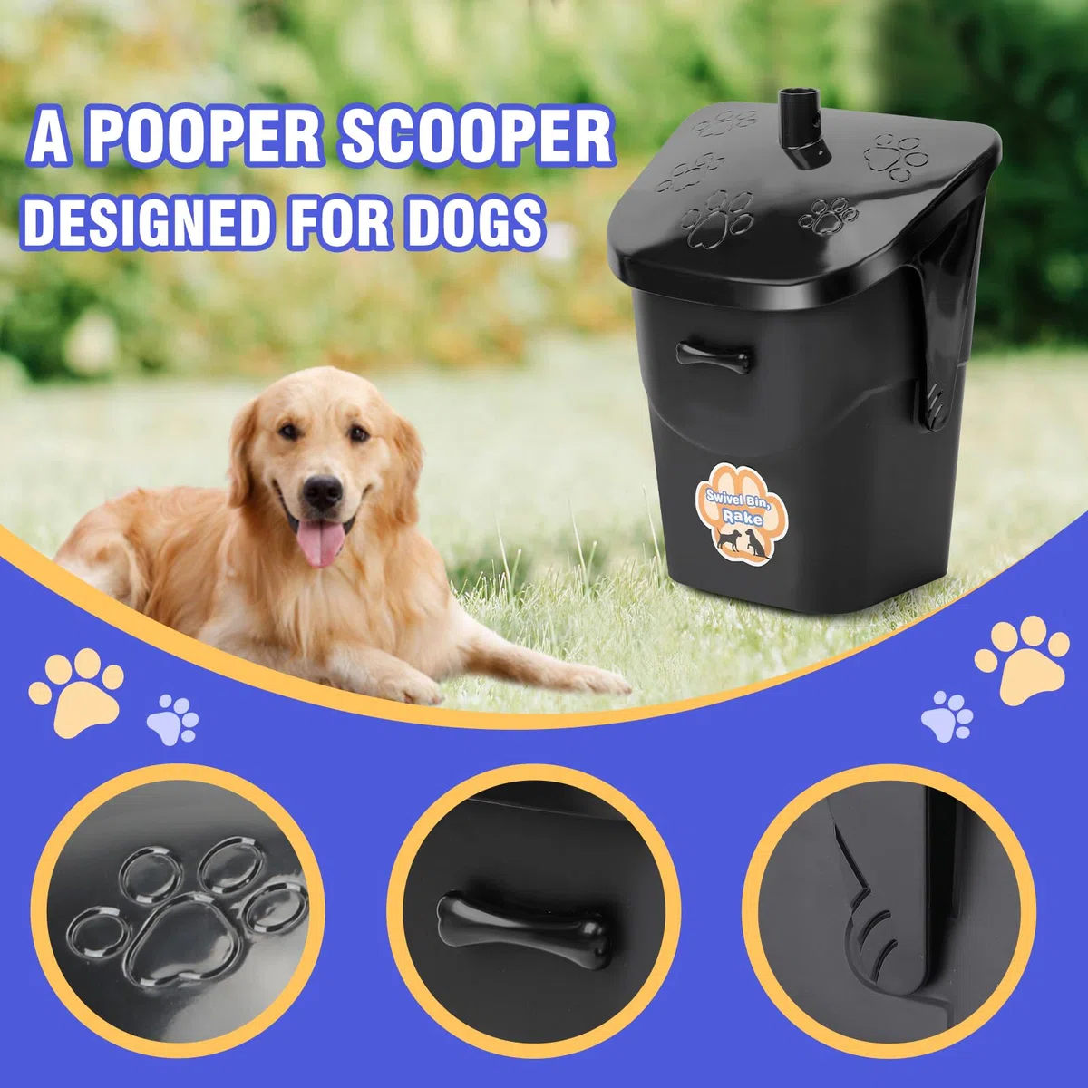 Kit Recogedor de Excrementos para Perros con Cubo Giratorio, Rastrillo y 20 Bolsas – Mango Largo para Jardín y Exterior