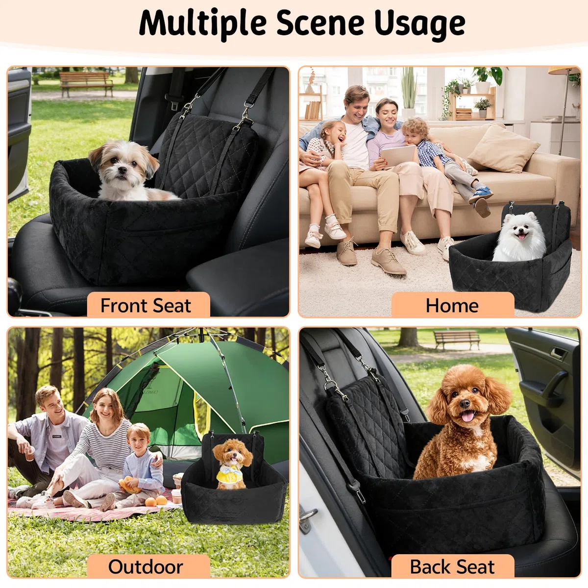 Asiento de coche para perros pequeños, cama de coche para perros con espuma viscoelástica gruesa, asiento elevador para cachorros para perros pequeños, lavable desmontable y 2 cinturones de