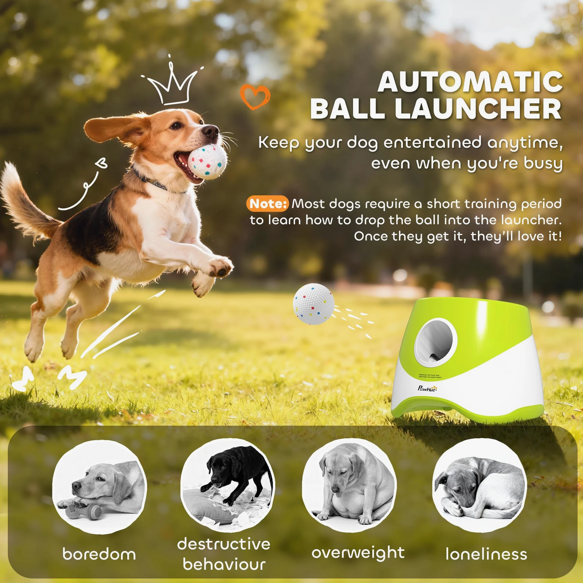 Lanzador automático de Pelotas para Perros PawHut con 5 Pelotas de Tenis ETPU, Lanzador de Pelotas para Perros con 3 ajustes de Distancia (6 m/10 m/14 m), Juguete Interactivo para Interior y Exterior