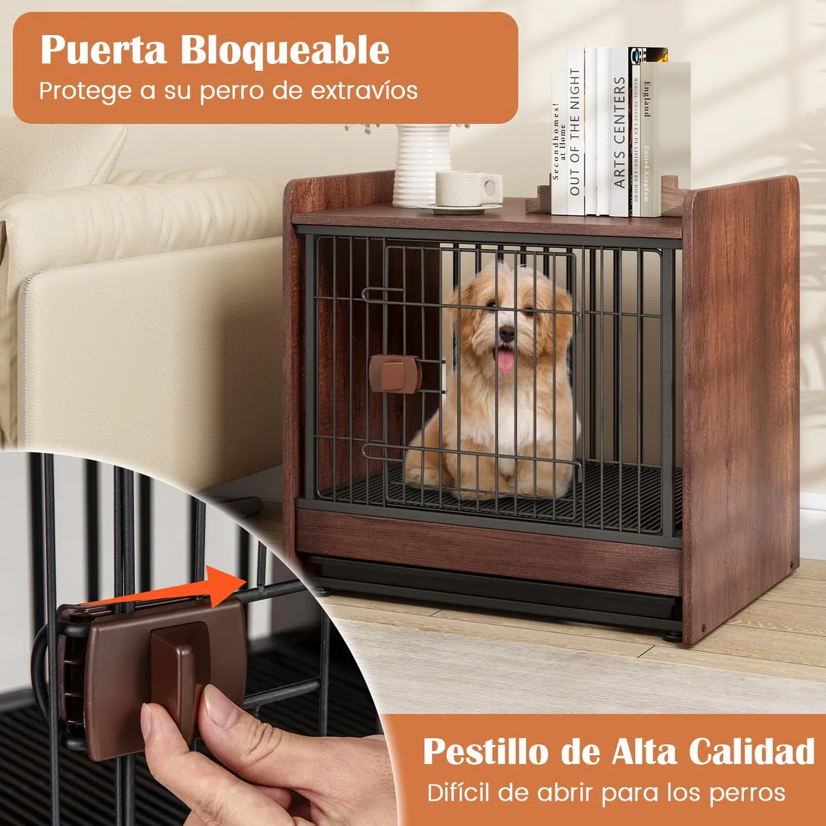 GOPLUS Mueble Jaula para Perros, Jaula para Perros de Interior con Cerradura y Bandeja Extraíble, Mesa Auxiliar Resistente para Perros, Caja para Cachorros y Perros de Tamaño Pequeño y Mediano