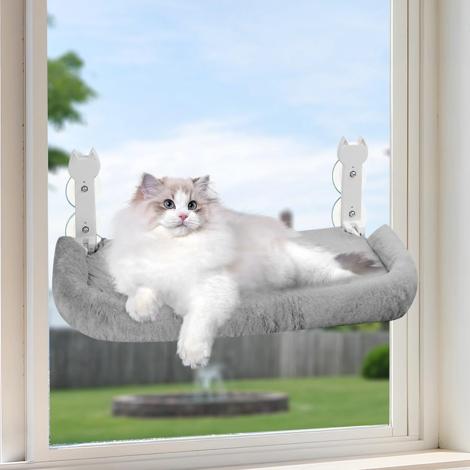 Hamaca para gatos, 60 x 30 cm, plegable con ventosas, cojín de felpa lavable, soporta hasta 25 kg, color gris