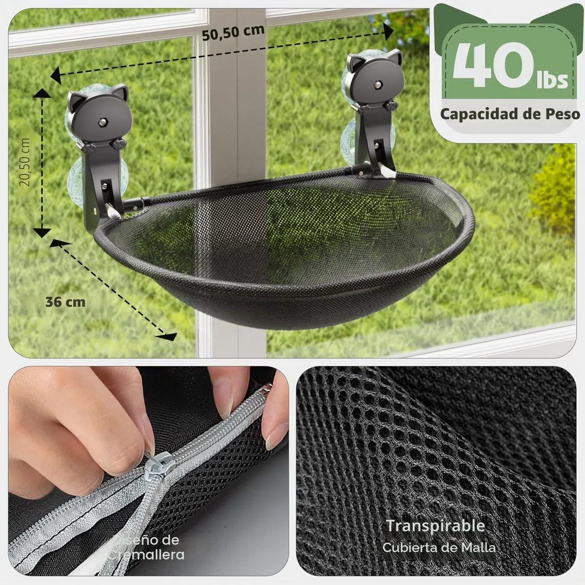 JUNSPOW Percha para Ventana de Gato inalámbrica, Plegable y Estable, Hamaca Transpirable con Ventana para Gatos para Pasar el Sol, Escalar, soporta hasta 40 Libras
