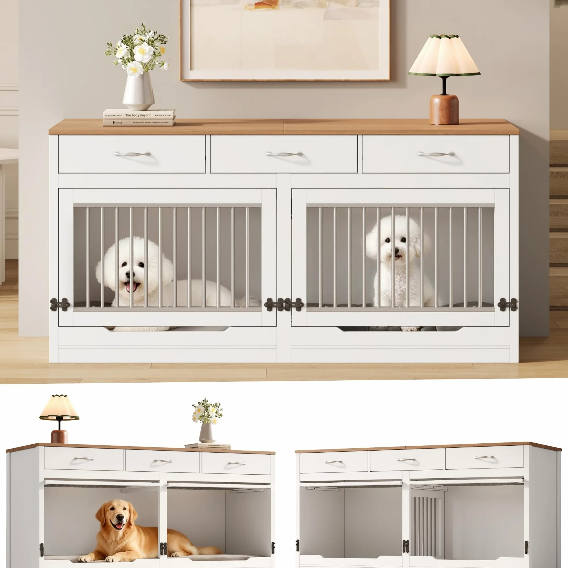 Jaula para perros XXL, muebles de madera y metal, jaula para perros, con 3 cajones y 2 puertas, caseta interior para perros, caseta para el hogar, tapa abatible, divisor extraíble (blanco + aspecto de