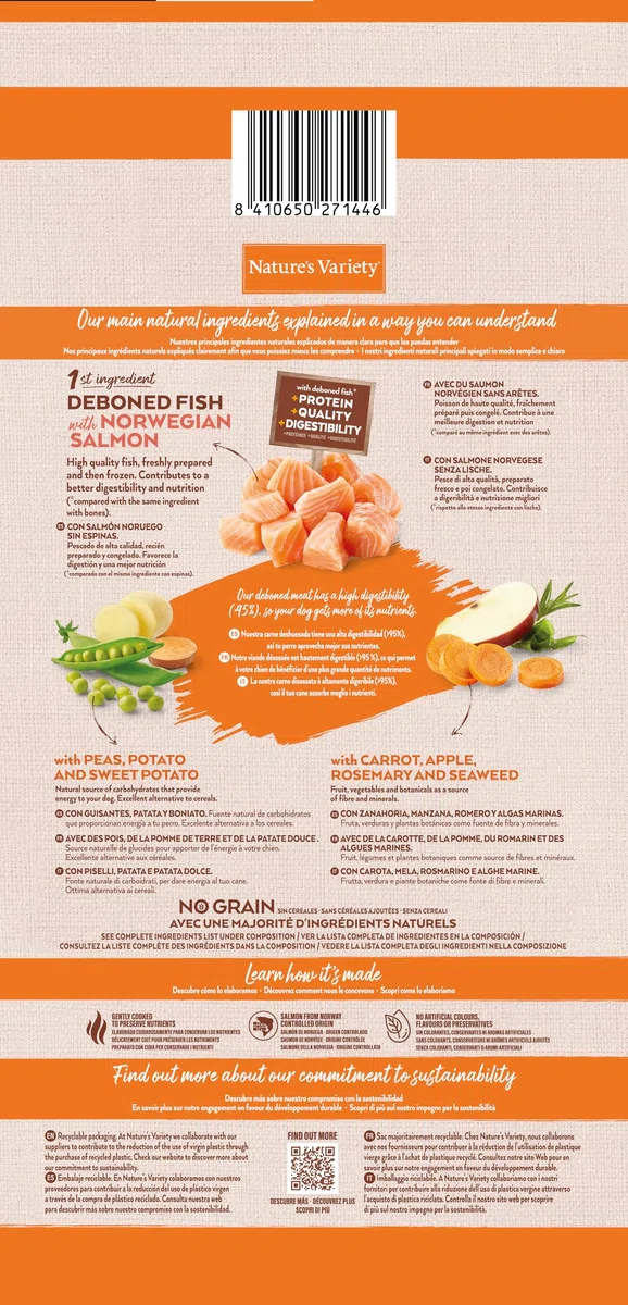 Nature's Variety No Grain Pienso para Perros Adultos con Mini con Salmón Noruego - 7kg, El embalaje puede variar (cambio de diseño)
