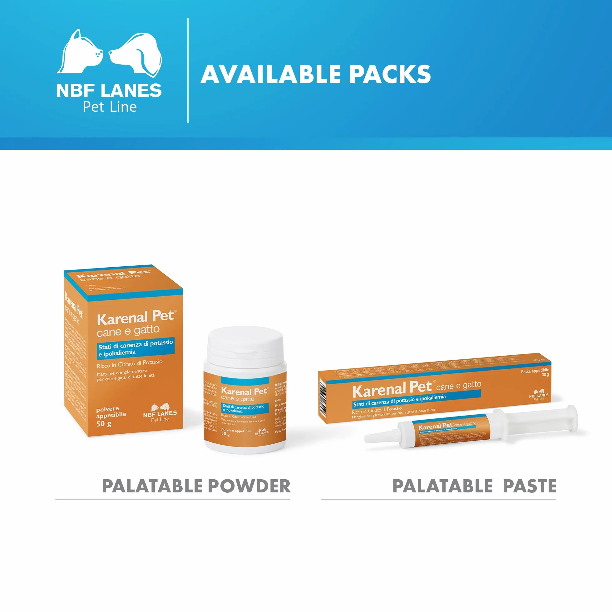 NBF Lanes | Karenal Pet Perro y Gato, Polvo apetecible 50 g, para los Estados de Deficiencia de Potasio e Hipopotasemia
