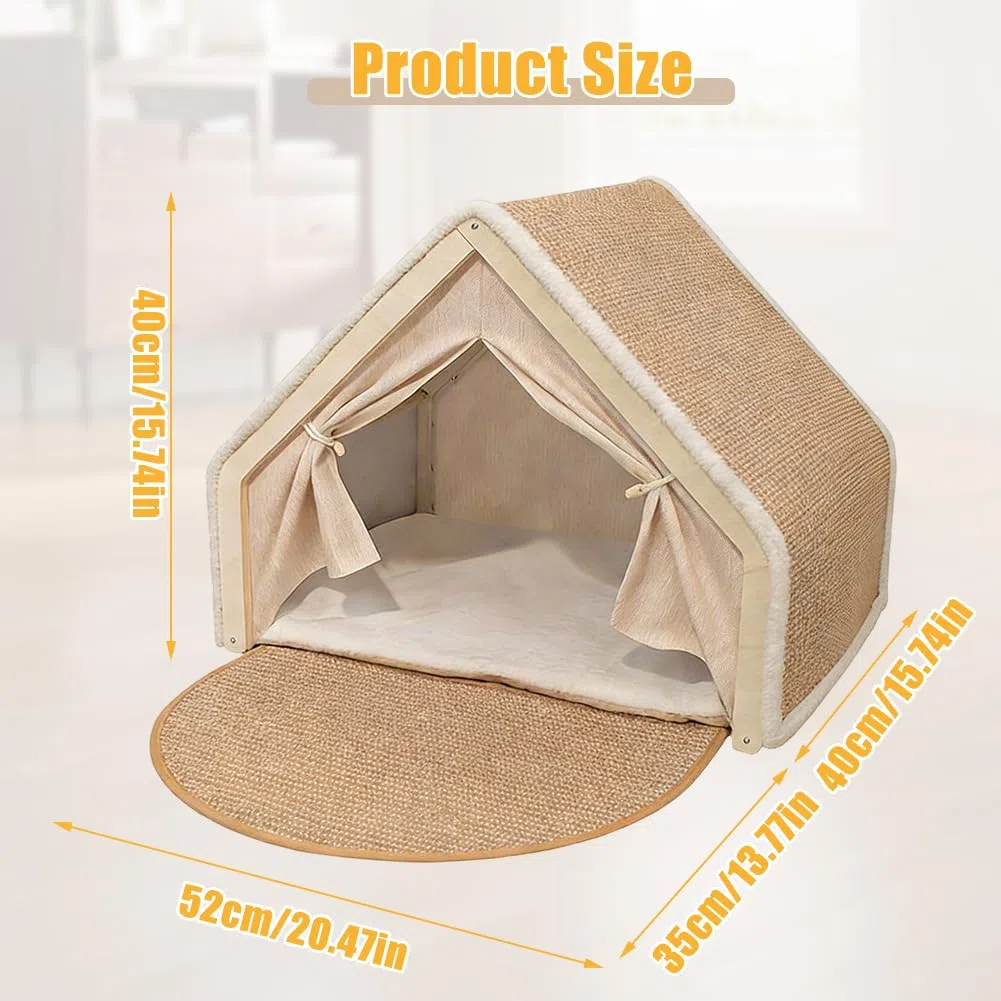 Casa para gatos, tienda de campaña para gatos, de sisal, 2 en 1, de madera, para interiores, casa para gatos con tabla rascadora para gatos de interior, cálido refugio para gatos