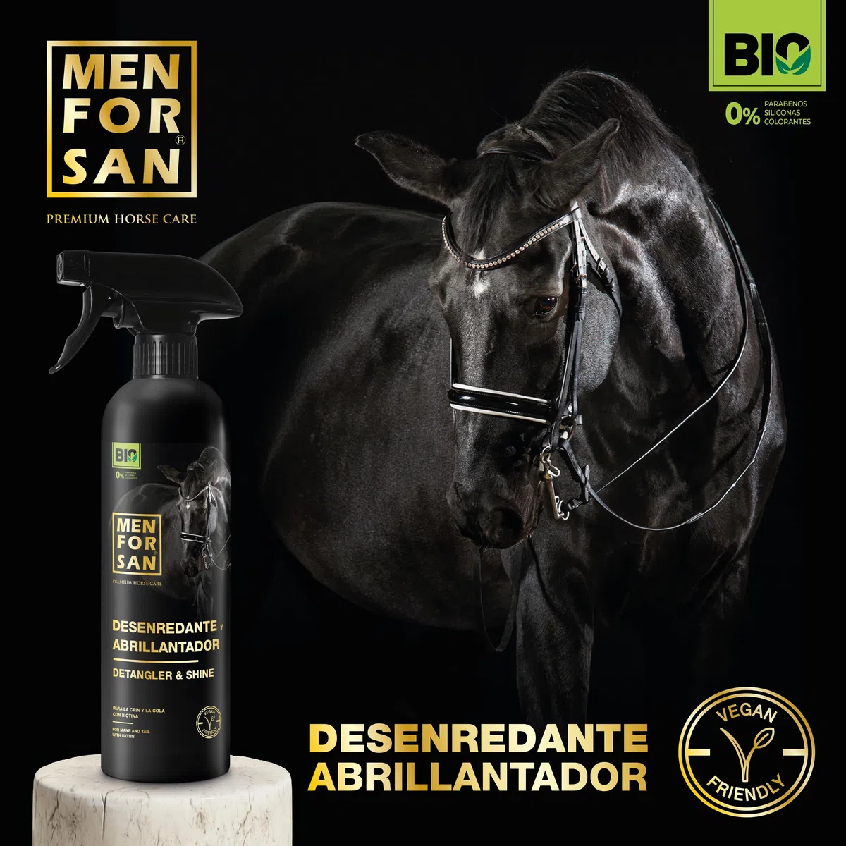 MENFORSAN Desenredante abrillantador para Caballos, 500ml | Desenreda y aporta Brillo | Crin y Cola | Bio - Vegan Friendly - 100% Natural | Premium Horse Care