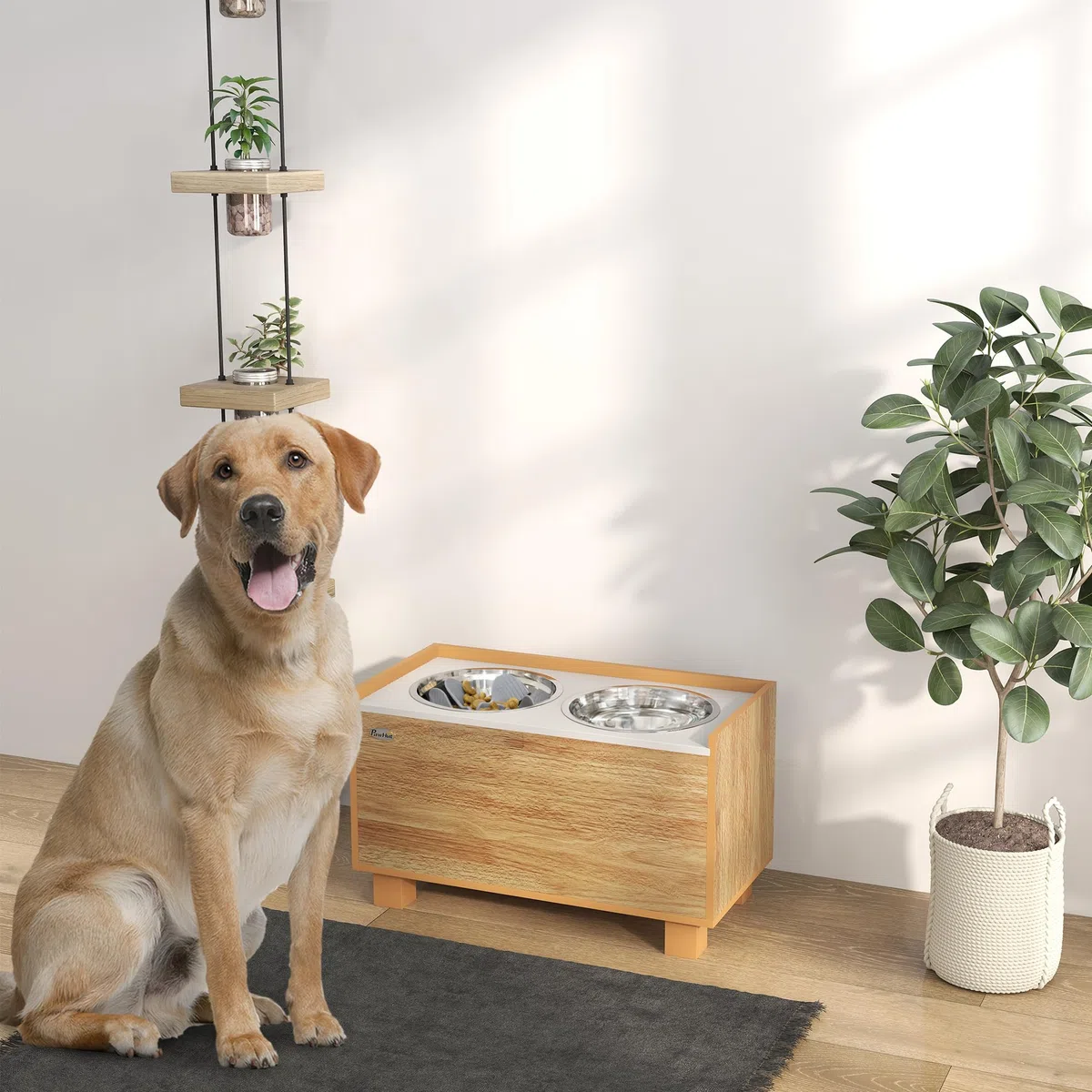 PawHut Comedero Perro Elevado con Alimentador Lento Extraíble y Espacio de Almacenaje Cuencos para Perros con 2x2 L Comedero y Bebedero de Acero Inoxidable para Perros Grandes Roble