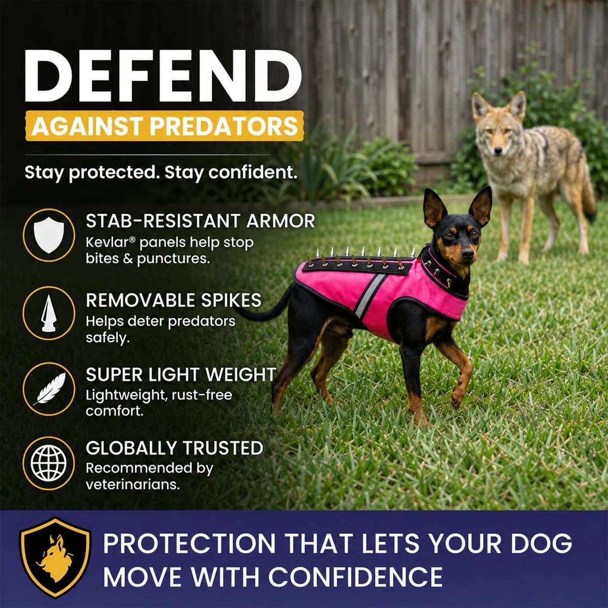CoyoteVest SpikeVest - Arnés para Perros pequeños, Chaleco Reflectante con Pinchos para protegerlos de halcones, Coyotes, Rapaces y ataques de Animales, Fabricado en EE. UU., Rosa, XXS