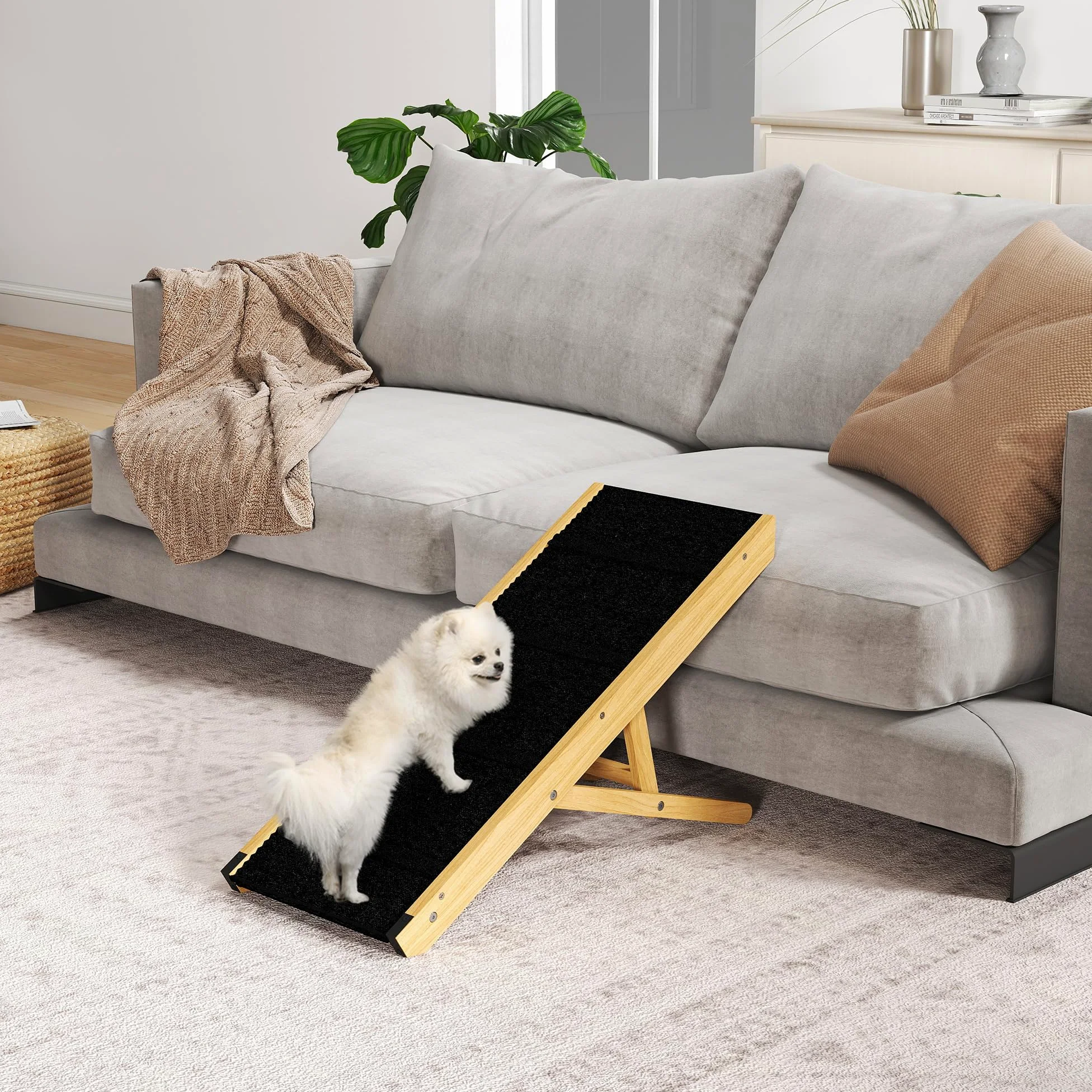 PawHut Rampa para Perros Plegable Rampa para Mascotas de Madera con Altura Ajustable en 4 Niveles para Perros Pequeños y Medianos 83,5x35x47,5 cm Natural