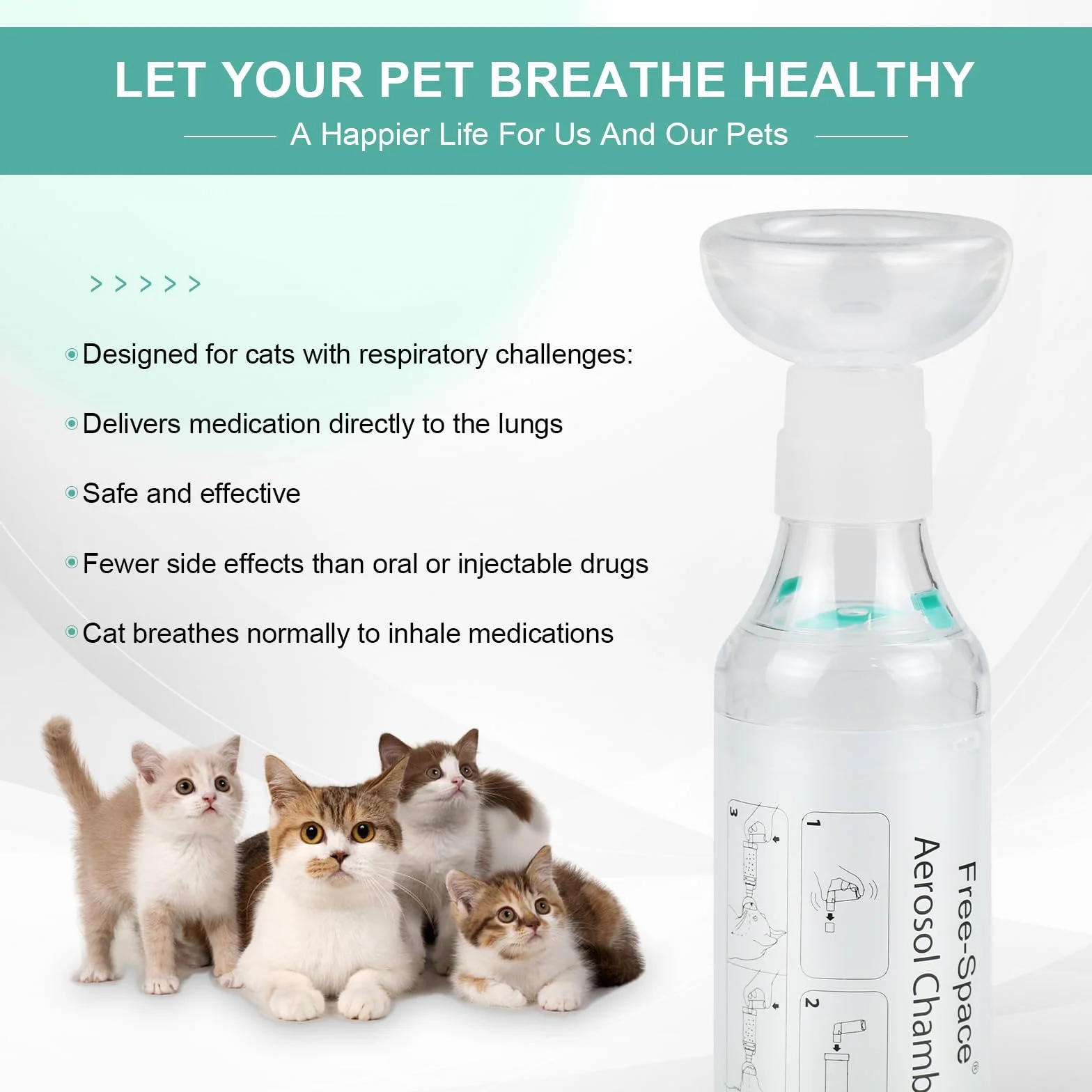 free-space Espaciador inhalador para Gatos/Perros con máscara de Silicona de Forma Redonda, cámara de Aerosol felino con indicador de respiración 2 máscara (Gato)
