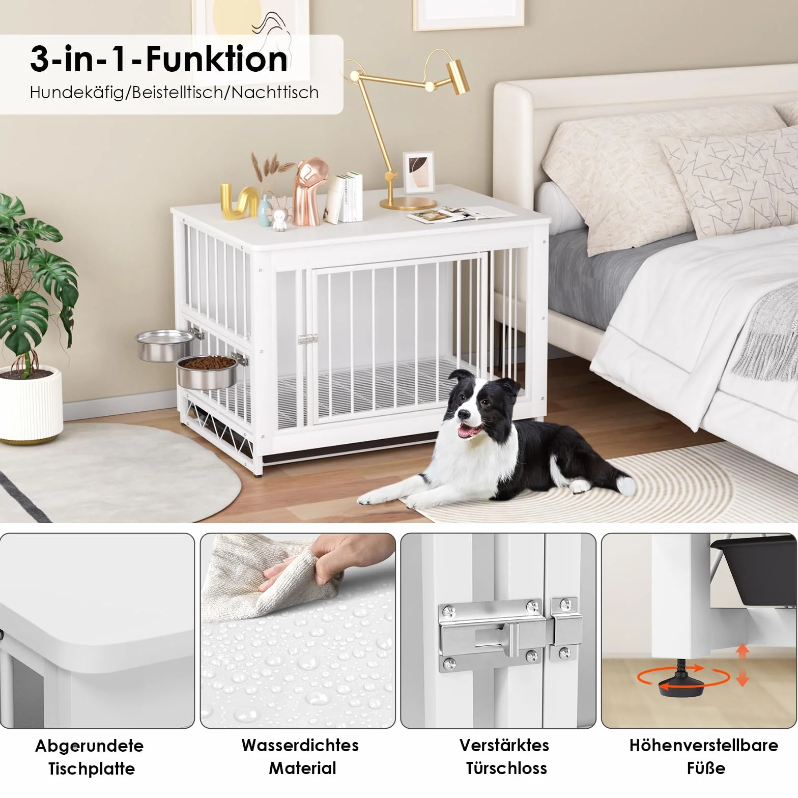 Jaulas para Perros, 93x64x58cm, Jaula Perro Grande para Casa de Madera, Dog Crate con 2 Comederos y Puertas para Perros, con Bandeja Extraíble, Jaula para Perros Medianos Pequeños hasta 40kg,Blanco
