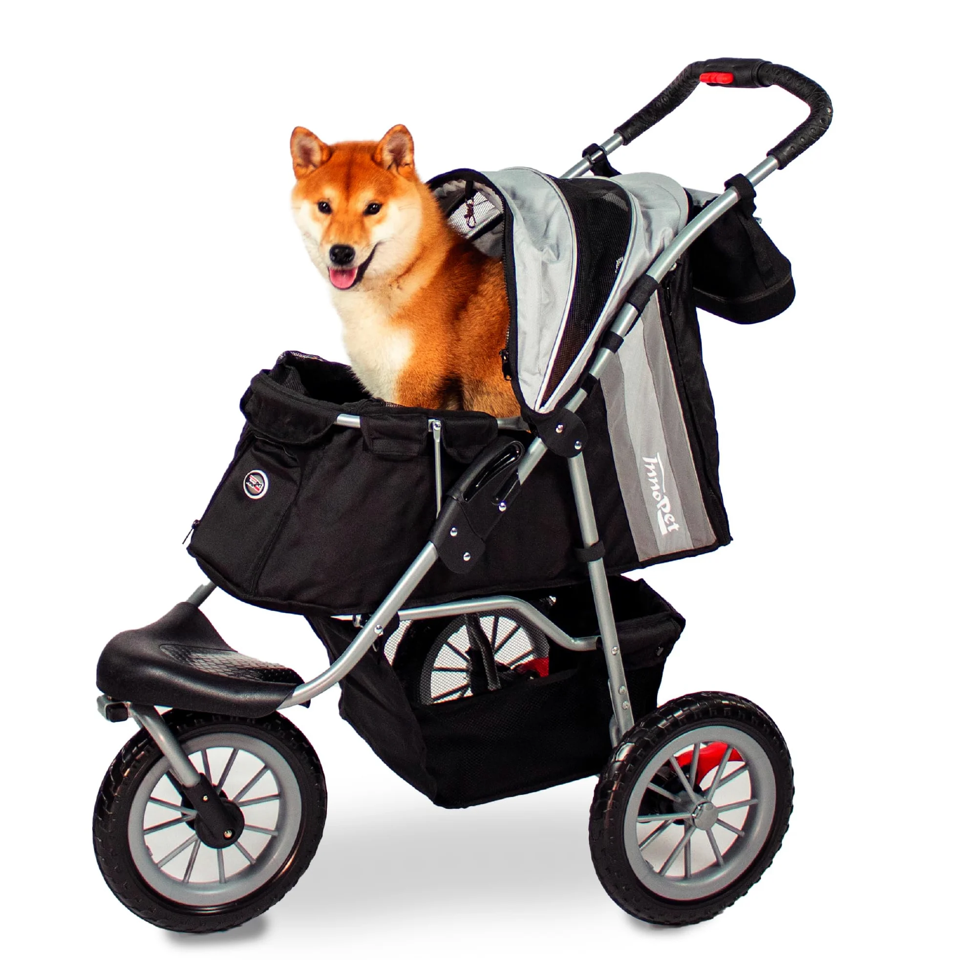 Innopet Carrito para perros Comfort EFA Eco negro/plata - Cochecito plegable para perros y gatos, ruedas EVA antipinchazos, hasta 25kg, 2 correas y cesta inferior