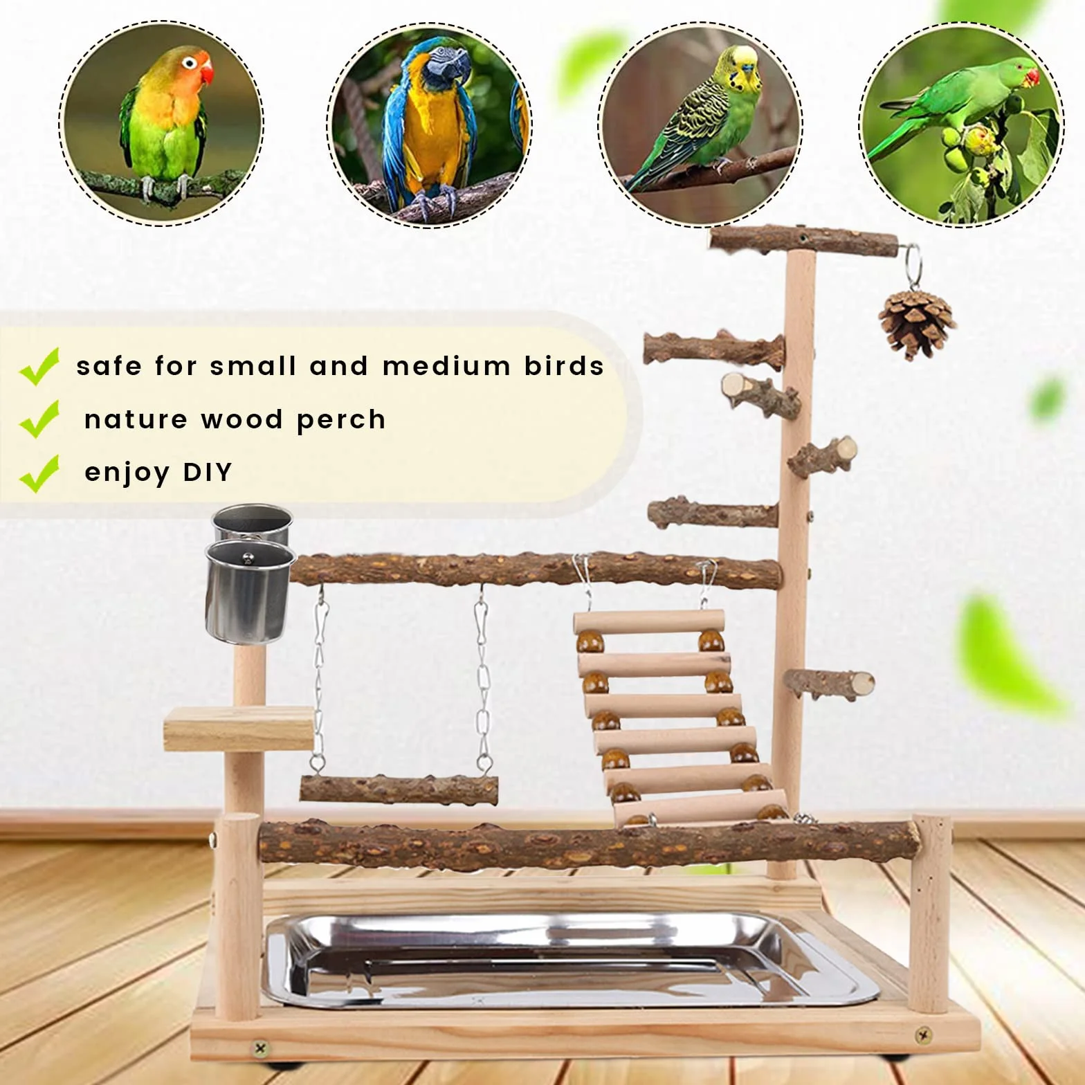 Parque de Juegos para Pájaros Gimnasio para Aves Stand Área de Juego con Soporte Perchas Taza de Alimentación Columpio Escalera Bandeja para Agapornis, Loros, Madera, Tamaño 45x37x26 CM #A