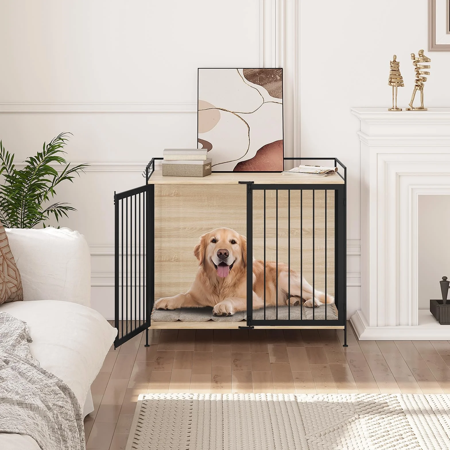 EUGAD Jaula para Perros, Casa Perro Interior con 2 Puertas, Caseta para Perros Grandes Medianos y Pequeños,104x92x60cm, Capacidad de Carga 50KG,Barras de Metal Resistentes, Mesa Auxiliar Salon