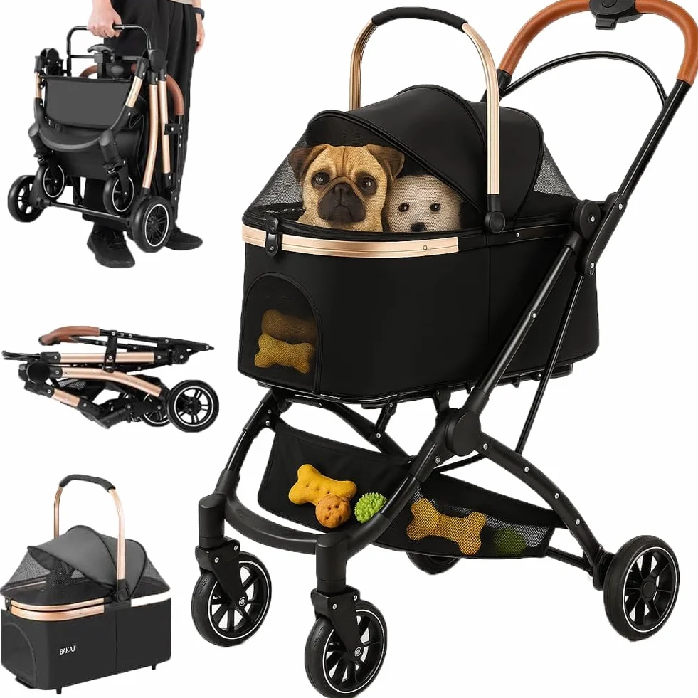 BAKAJI Cochecito para perros y gatos 2 en 1 con capazo extraíble y cierre ahorra espacio, cochecito para mascotas con cápsula transportín extraíble y techo abatible, peso máx. 50 kg (negro)