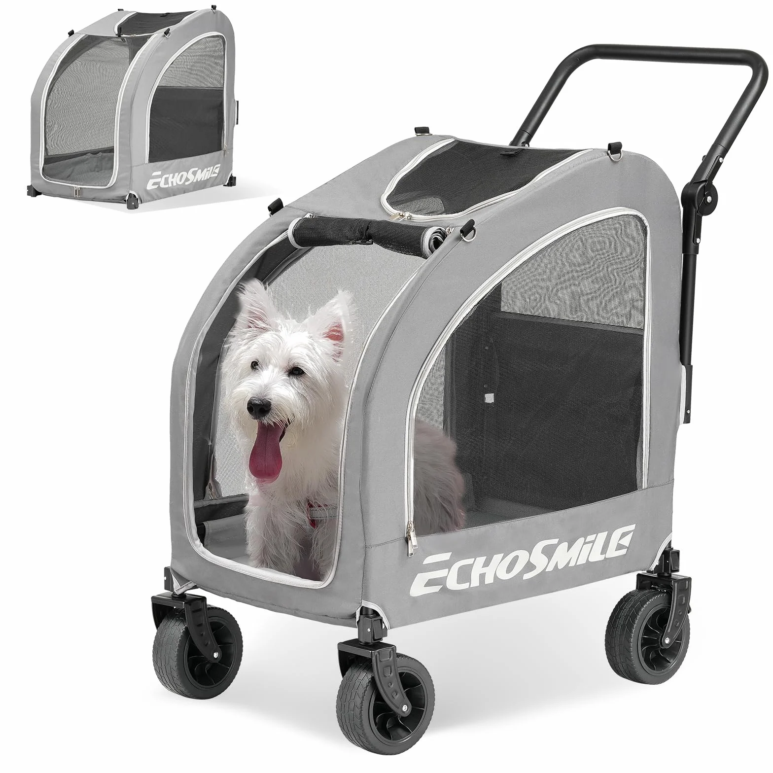 EchoSmile Carrito para Perros pequeños y medianos 20 kg, Carro Perro Plegable, Todoterreno con Doble Freno, Cinturones de Seguridad y Ventanas de Malla, Gris