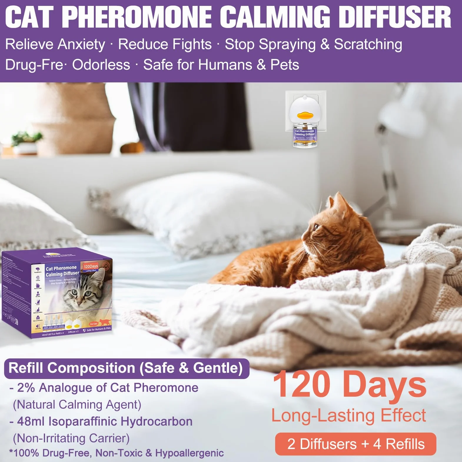 SLE Difusor de Feromonas Calmantes para Gatos Mejorado 4 Recambios Livia la Ansiedad y el Estrés, Multigato Natural Calmante para Gatitos para Hogar Estrés Dormir Peleara Arañazos Maullar