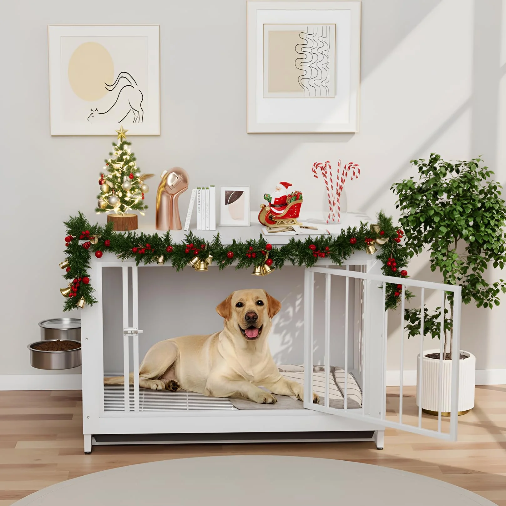 Jaulas para Perros, 93x64x58cm, Jaula Perro Grande para Casa de Madera, Dog Crate con 2 Comederos y Puertas para Perros, con Bandeja Extraíble, Jaula para Perros Medianos Pequeños hasta 40kg,Blanco