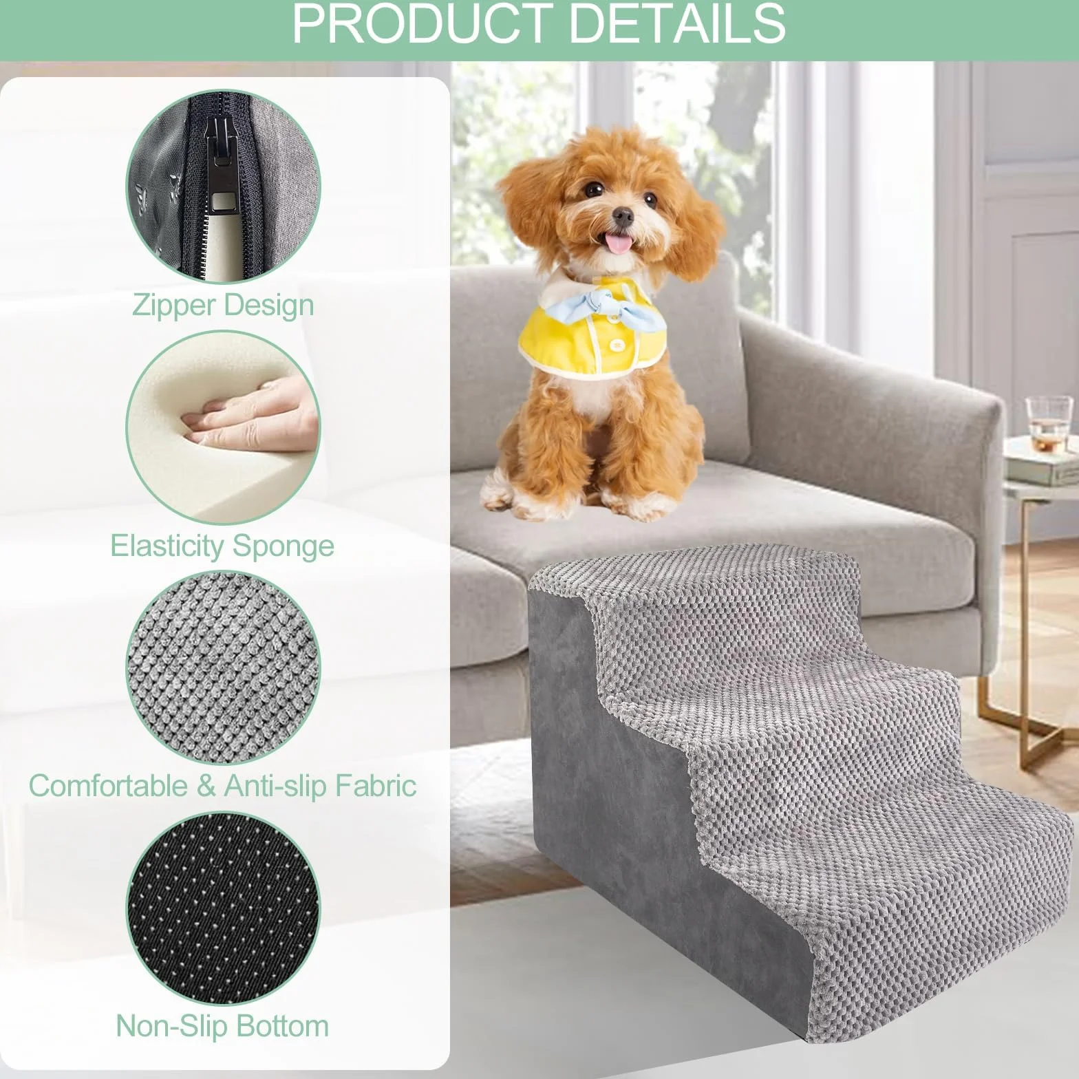 Rampa para Perros, Escalera para Mascotas de Espuma de Alta Densidad, Escaleras de 3 Peldaños con Funda Extraíble y Lavable, Escalones para Gatos Viejos y Perros para Cama, Sofá, Gris