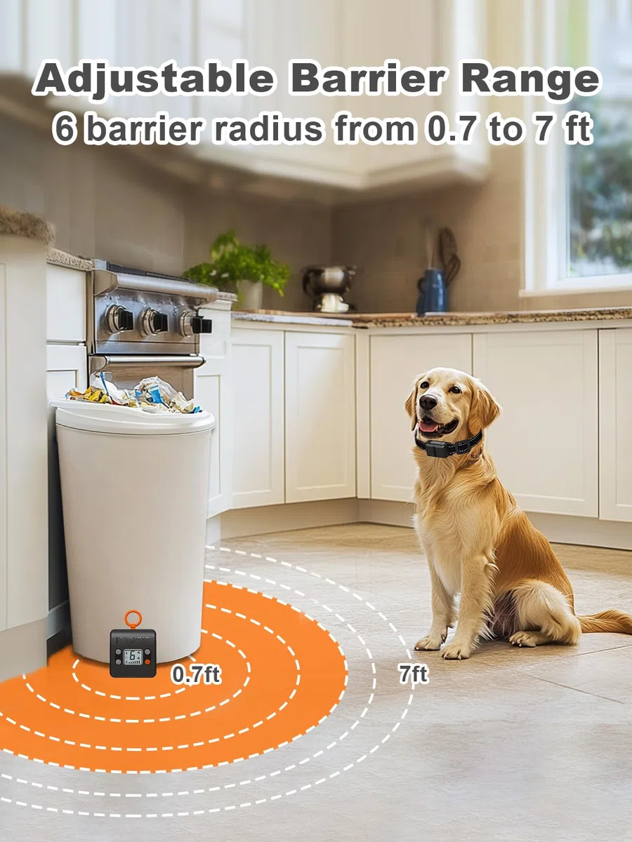 FLYSPEAR Barrera inalámbrica para mascotas, barrera recargable para interiores con 6 radios de rango ajustables de hasta 7 pies, 6 intensidades estáticas seguras ajustables, valla eléctrica para