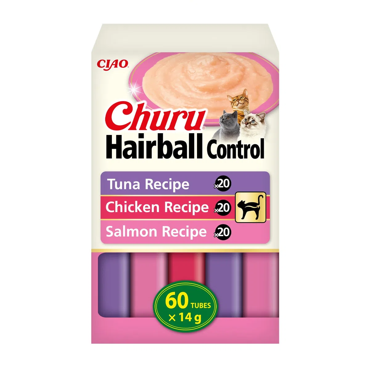 INABA Churu Hairball Control, Snack Cremoso para Gatos contra Las Bolas de Pelo, con Atún, Pollo y Salmón, Puré Suave con Fibra Añadida, Rico en Omega 3 y 6, Alto Contenido en Humedad, 60 Tubos x 14g