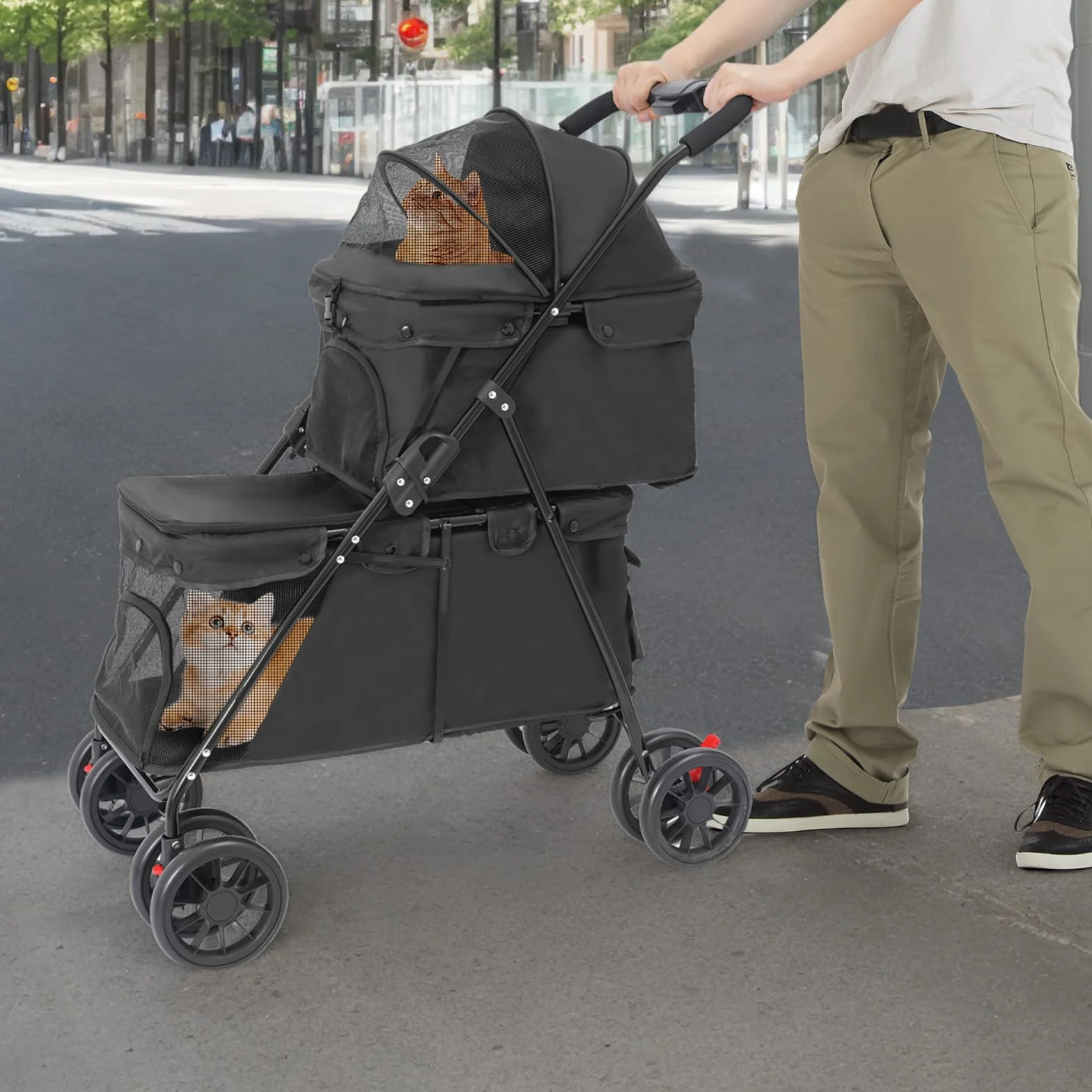 Carro de mascotas de 2 capas para perros y gatos, cochecito plegable de doble cubierta con ventana de malla, freno y bolsa de almacenamiento, estructura estable de acero de carbono, con capacidad de