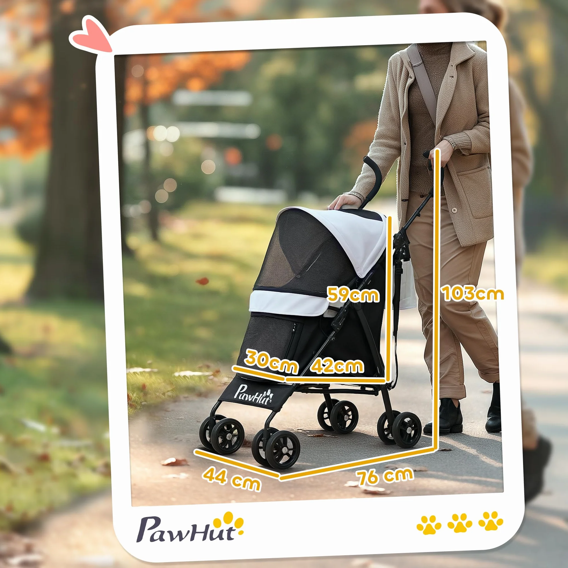 PawHut Cochecito plegable para perros pequeños con correas, bolsa portaobjetos y portavasos, cochecito para mascotas con ventanas de malla, 76 x 44 x 103 cm, negro y gris claro