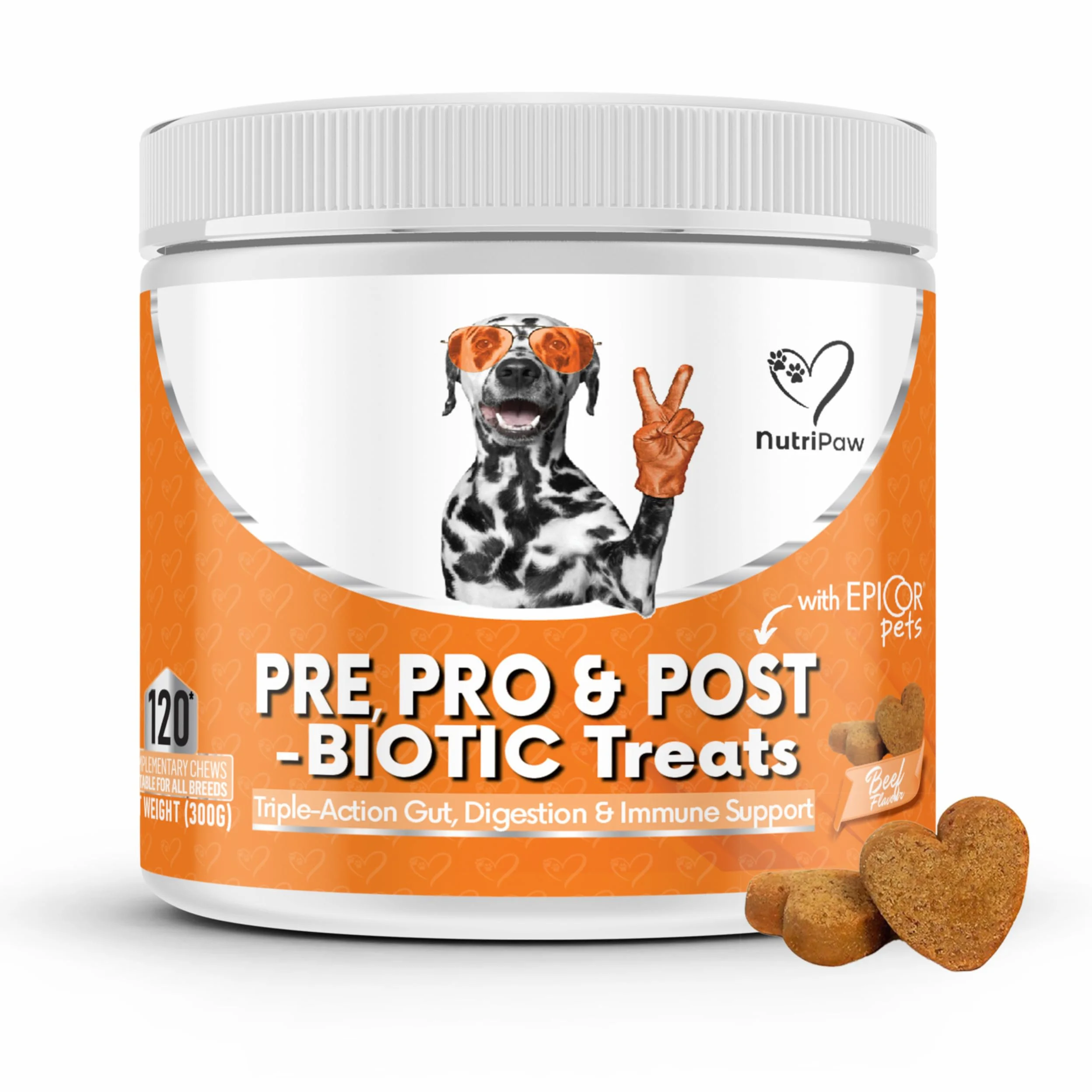 NutriPaw Pre, Post & Probióticos golosinas para perros – Salud intestinal y digestiva, glándulas anales y deslizamientos de glúteos, heces sueltas, orejas olorosas y con picazón, enzimas digestivas
