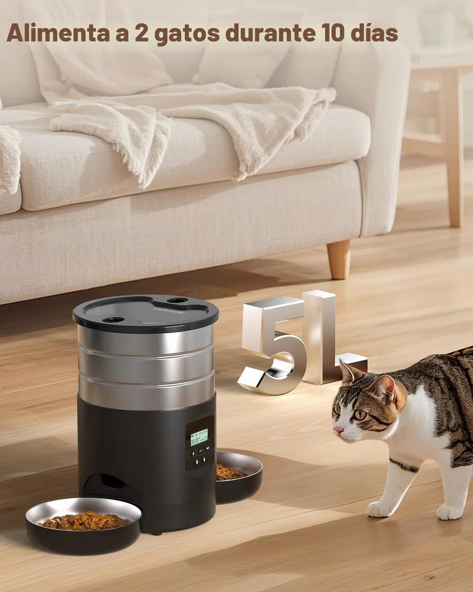 Comedero Gato Automatico Doble Cuencos: Dispensador Comida Gatos Acero Inoxidable - 5L Alimentador Perro con Programable Temporizador para Interior - Dosificador Pienso para Pequeño/Mediano Mascota