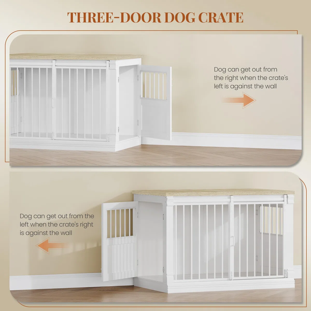 HEXCELEN 101cm Jaula para Perros, Mueble Mascotas Interior, Jaula Perro Grande para Casa de Madera, 3 Puertas, Mesa Auxiliar, Apto para Perros Medianos, 101 x 60,5 x 70 cm, Roble Blanco y Blanco