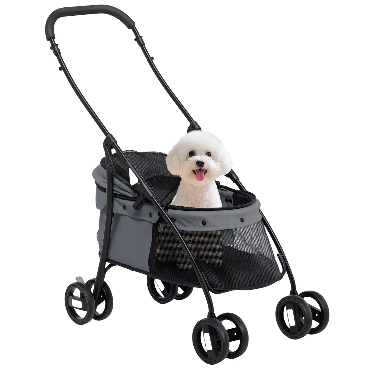 PawHut Carrito para Perros Plegable Cochecito para Mascotas Cochecito para Perros Pequeños con Ventanas de Malla Cojín Lavable Correas de Seguridad y Marco de Acero Carga 10 kg Gris