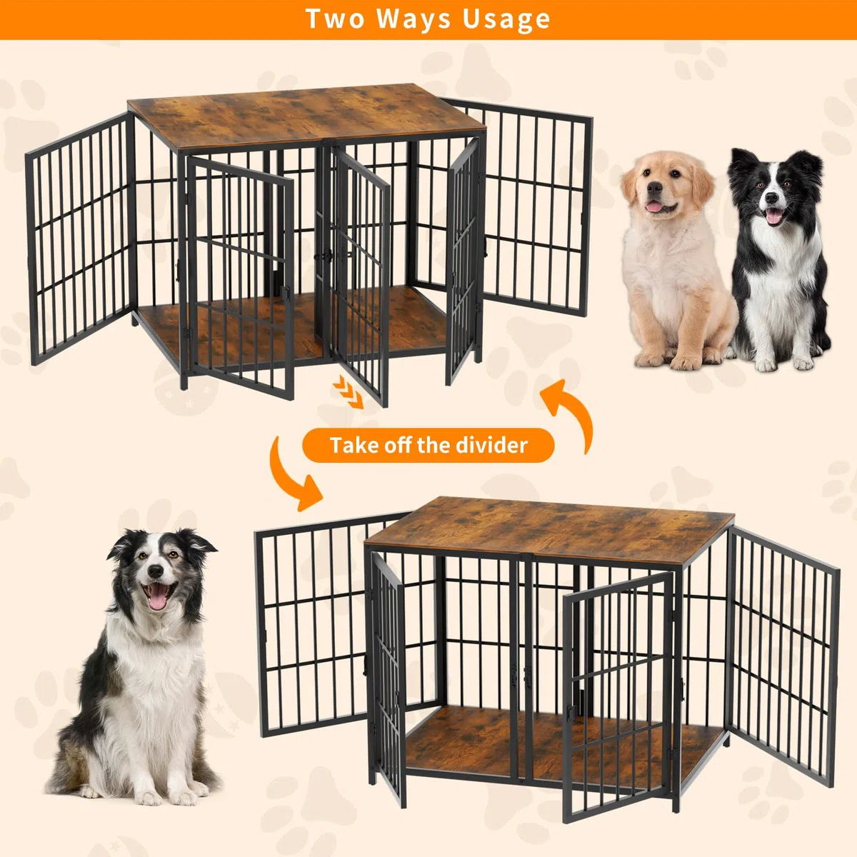 Bingopaw Jaula Perro Mediano Grande Mueble 90X62X68,5cm con Divisor Jaula Perros Madera con Hierro Fuerte Anticorrosivo y Superficie de Mesa y Cuerpo Conectable Dog Crate de 2 Habitaciones
