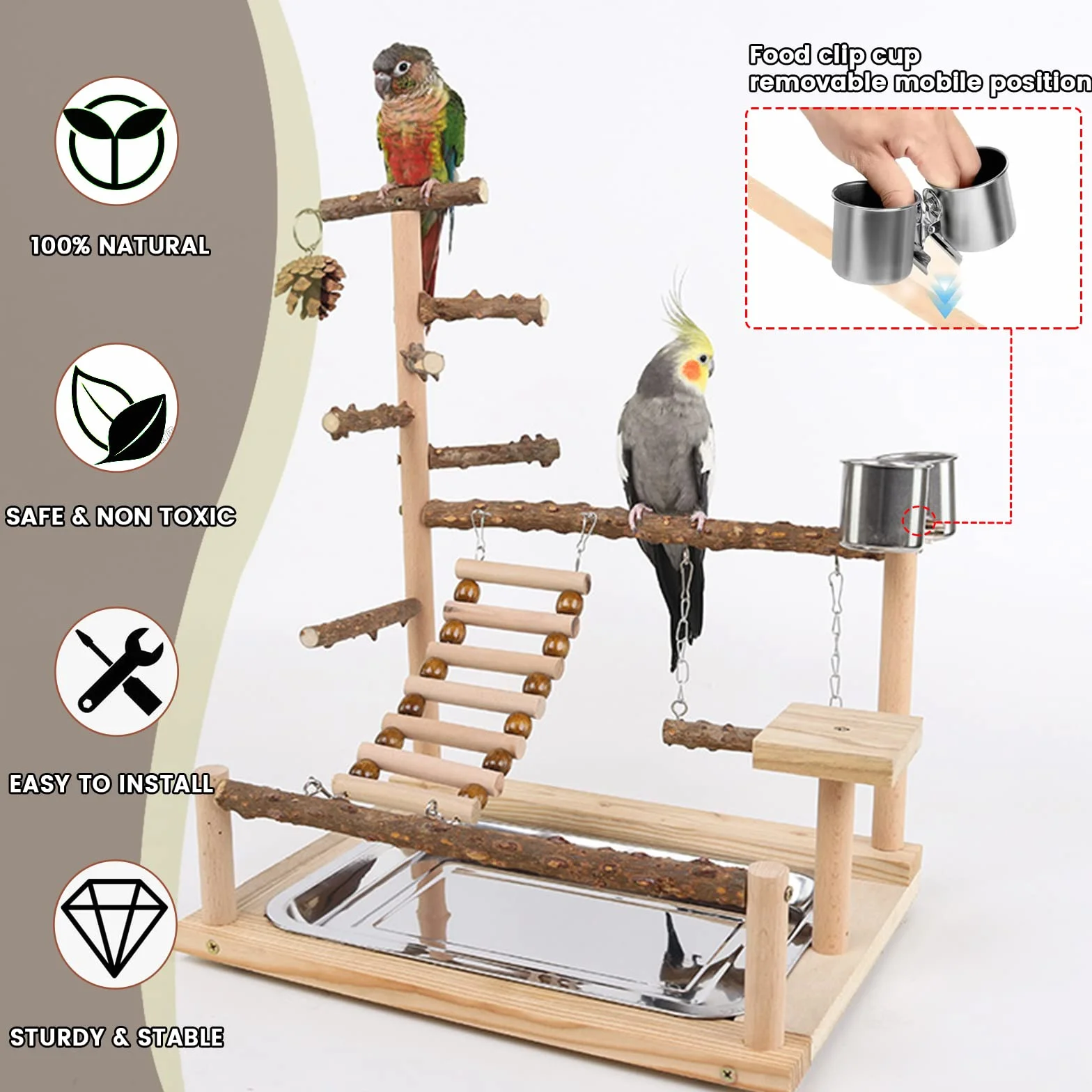 Parque de Juegos para Pájaros Gimnasio para Aves Stand Área de Juego con Soporte Perchas Taza de Alimentación Columpio Escalera Bandeja para Agapornis, Loros, Madera, Tamaño 45x37x26 CM #A