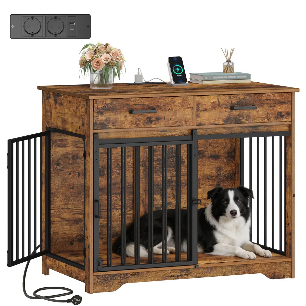 Hzuaneri Mueble Jaula para Perros de Interior con Regleta y 2 Cajones, Jaula de Madera con Puertas Correderas de Granero, 3 Puertas para Perros Medianos y Grandes 97x56x81 cm Marrón DFC90301BEU