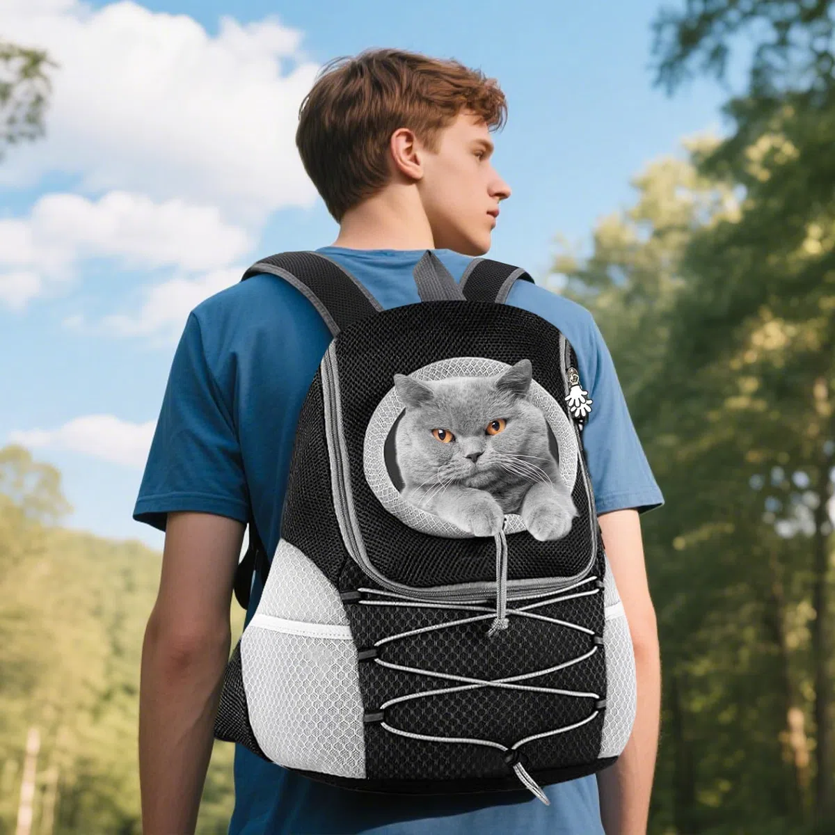 PETCUTE Mochila para Perros Ajustable,Transpirable Bolsa de Viaje para Mascotas con Parte Inferior Impermeable y Bolsillo,Cabeza Fuera,Mochila Transportín Gato,para Viajar Camping Senderismo M
