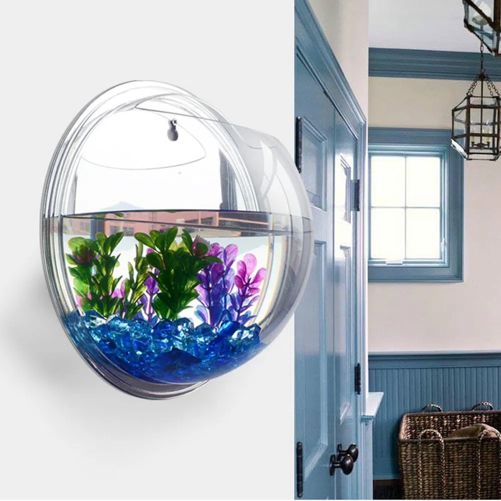 Pecera acrílica con parte trasera de espejo para colgar en la pared, tanque de acuario acuático para mascotas, productos para mascotas, montaje en pared (29,5 cm de diámetro)