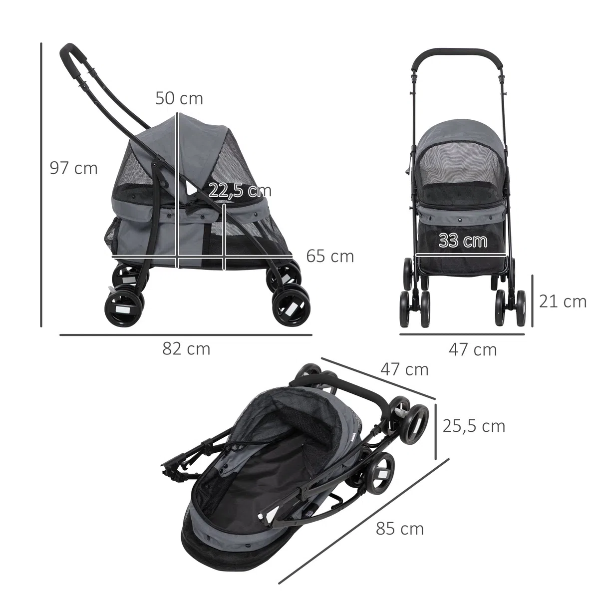 PawHut Carrito para Perros Plegable Cochecito para Mascotas Cochecito para Perros Pequeños con Ventanas de Malla Cojín Lavable Correas de Seguridad y Marco de Acero Carga 10 kg Gris