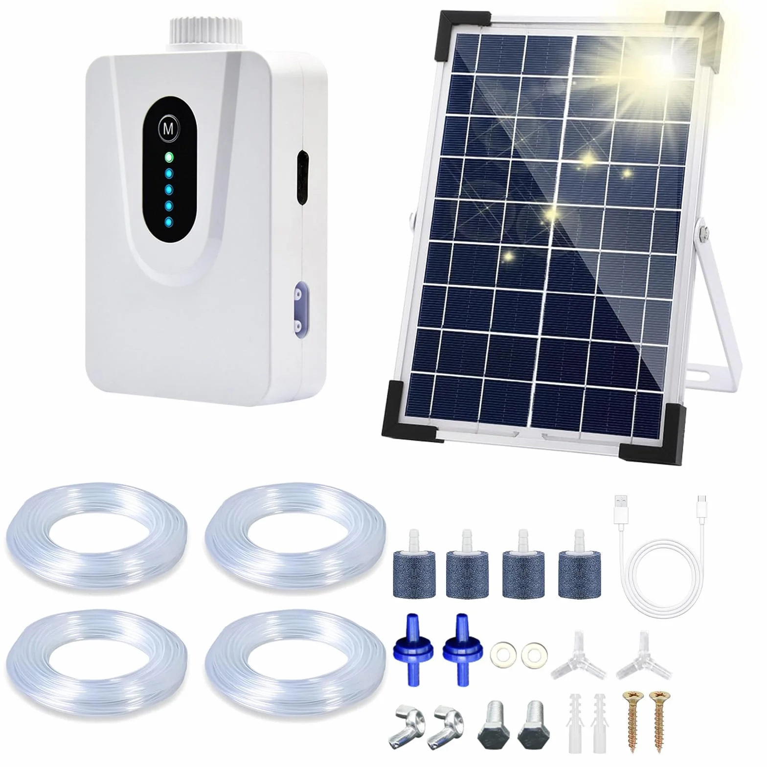 Bomba de Aire Solar 6W Con Batería 6000mAh - Aireador de Estanque y Acuario, Carga USB y Solar - Oxigenador Con Tubo de Piedras de Burbujas Para Pesca