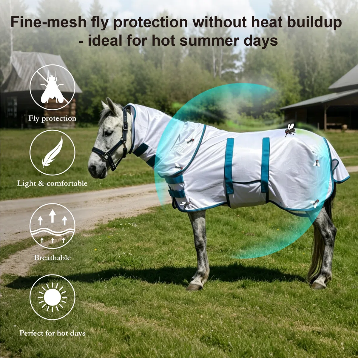 Alfombra con cuello combinado – Sábana de malla ligera y suave para verano para poni Shetland, potro/burro, blanco (3'20.3 cm)
