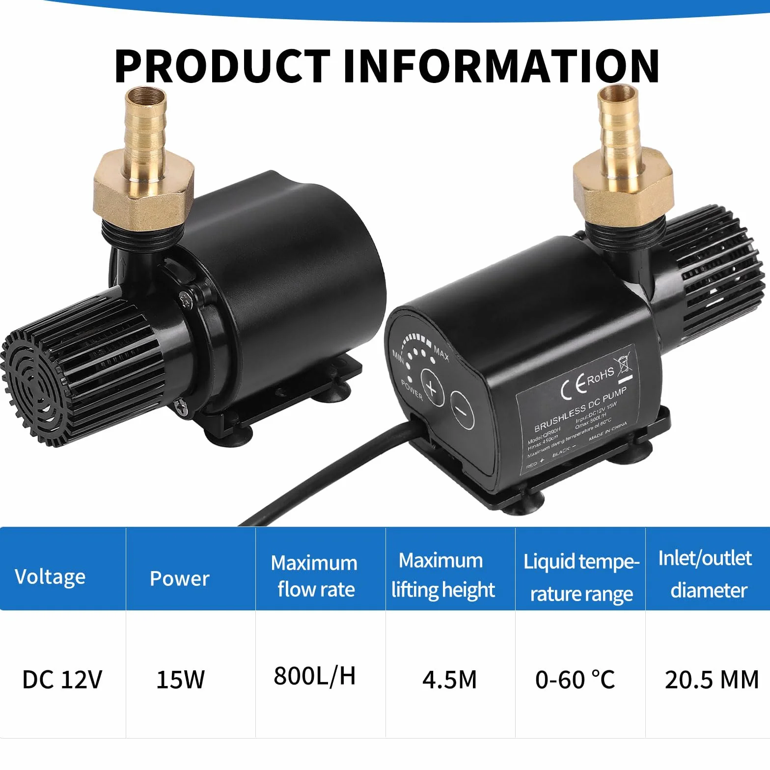 SWAWIS Bomba de Agua Sumergible 12V 800L/H 4,5M con Control de Velocidad y Adaptador de Red